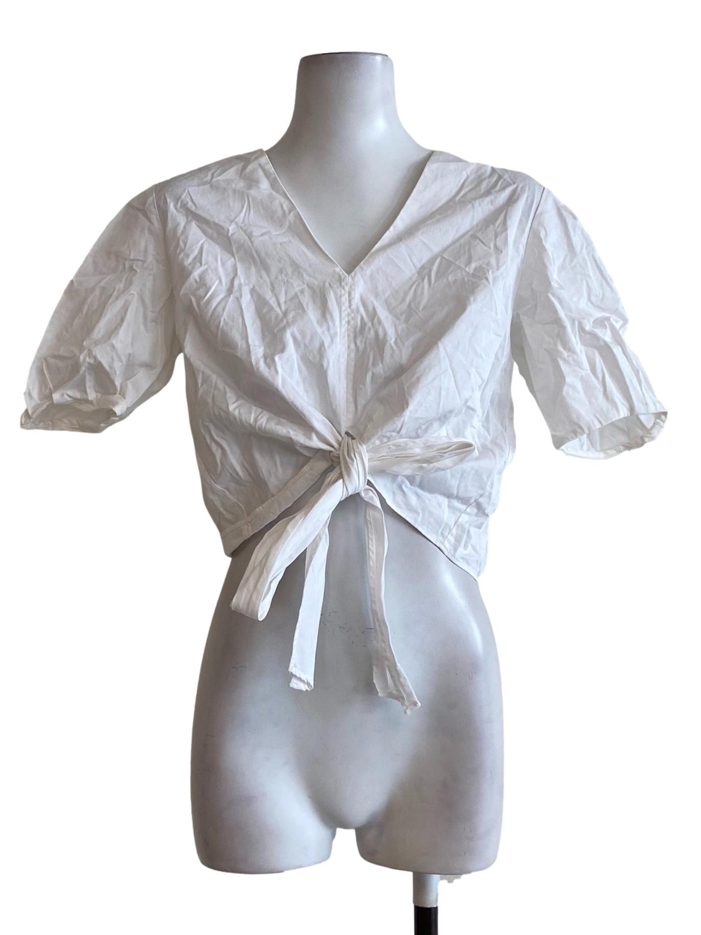 White Front Knot V Neck Crop Top OSN