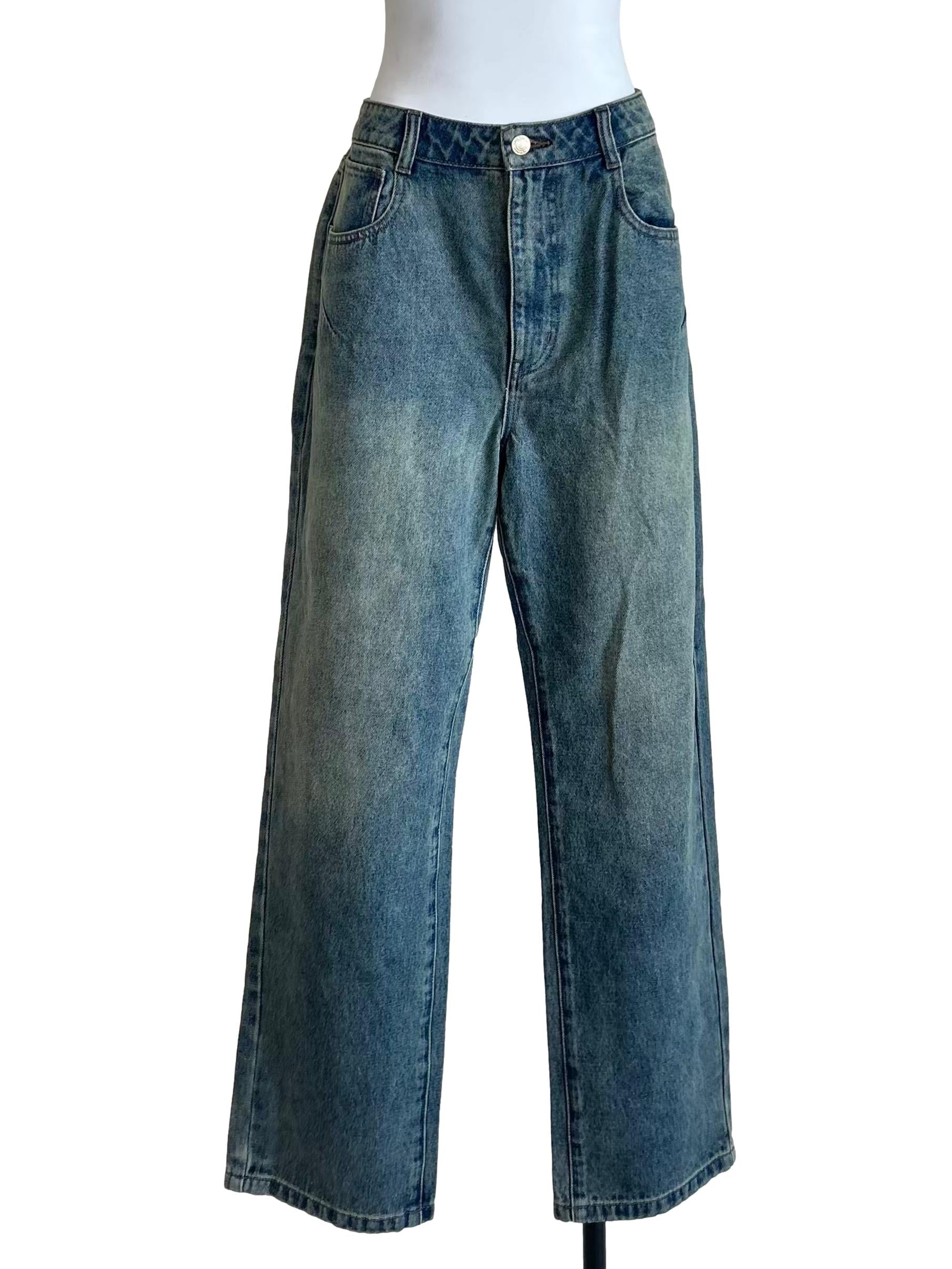 Medium Vintage Washed Straight Leg Denim Jeans LB