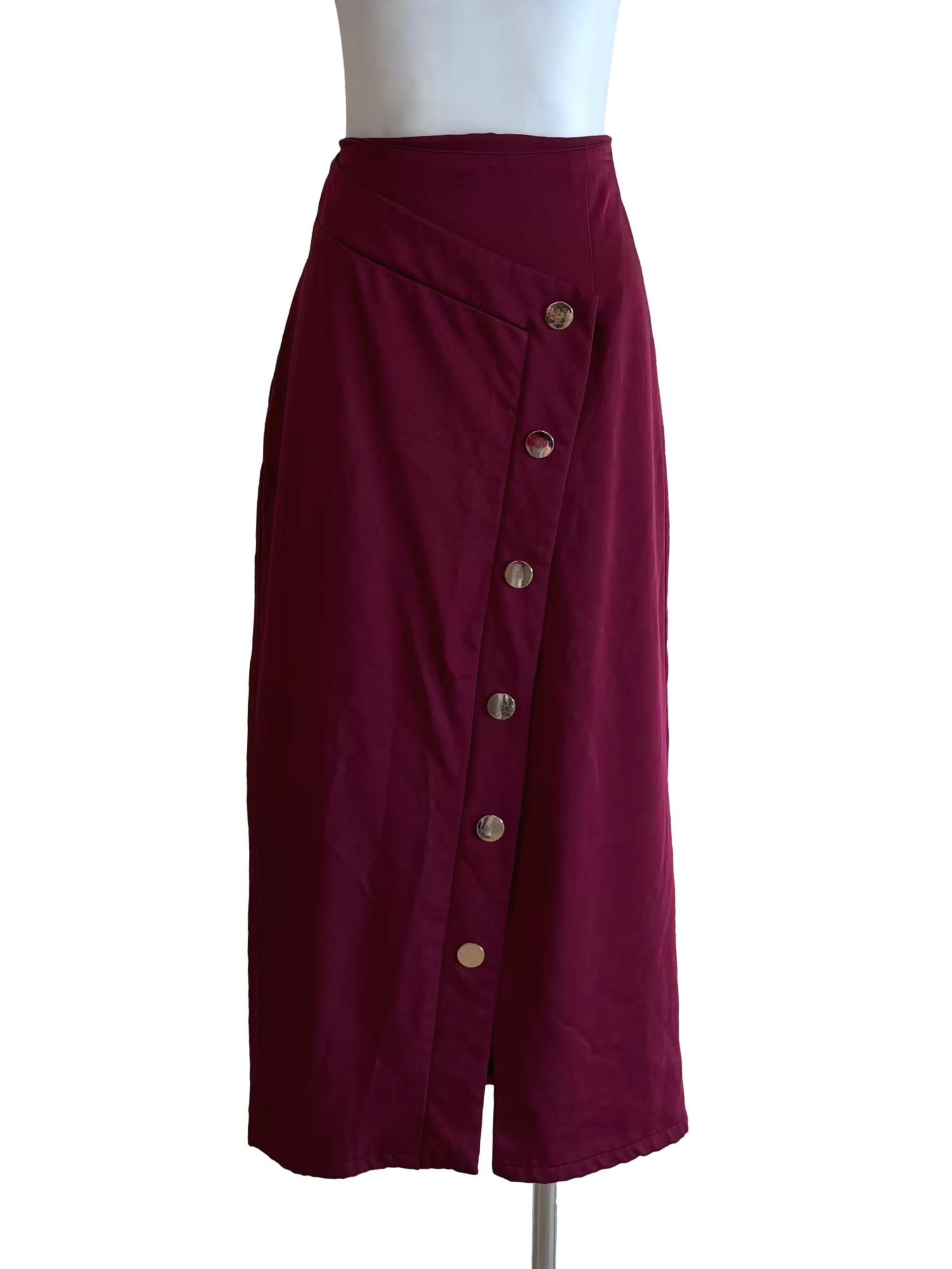 Maroon Buttoned Midi Skirt