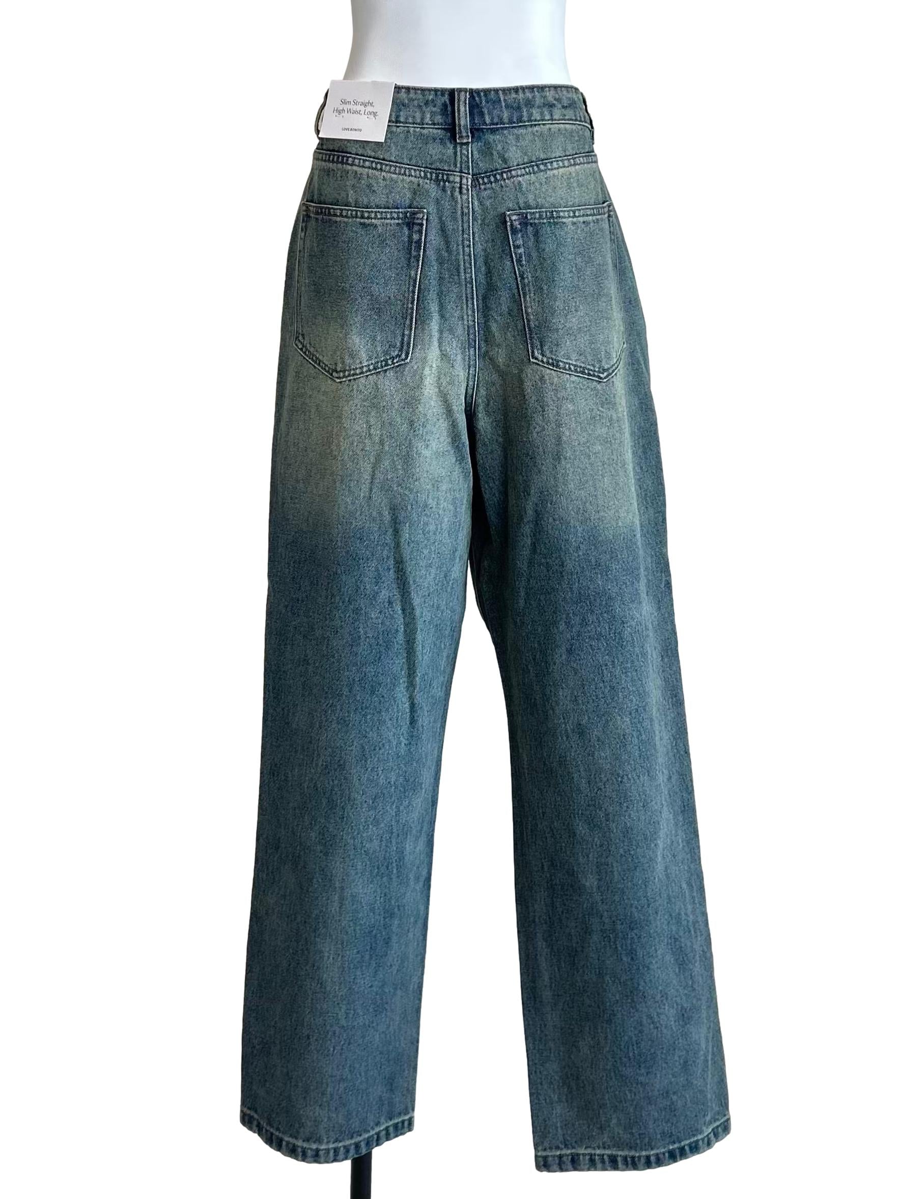 Medium Vintage Washed Straight Leg Denim Jeans LB