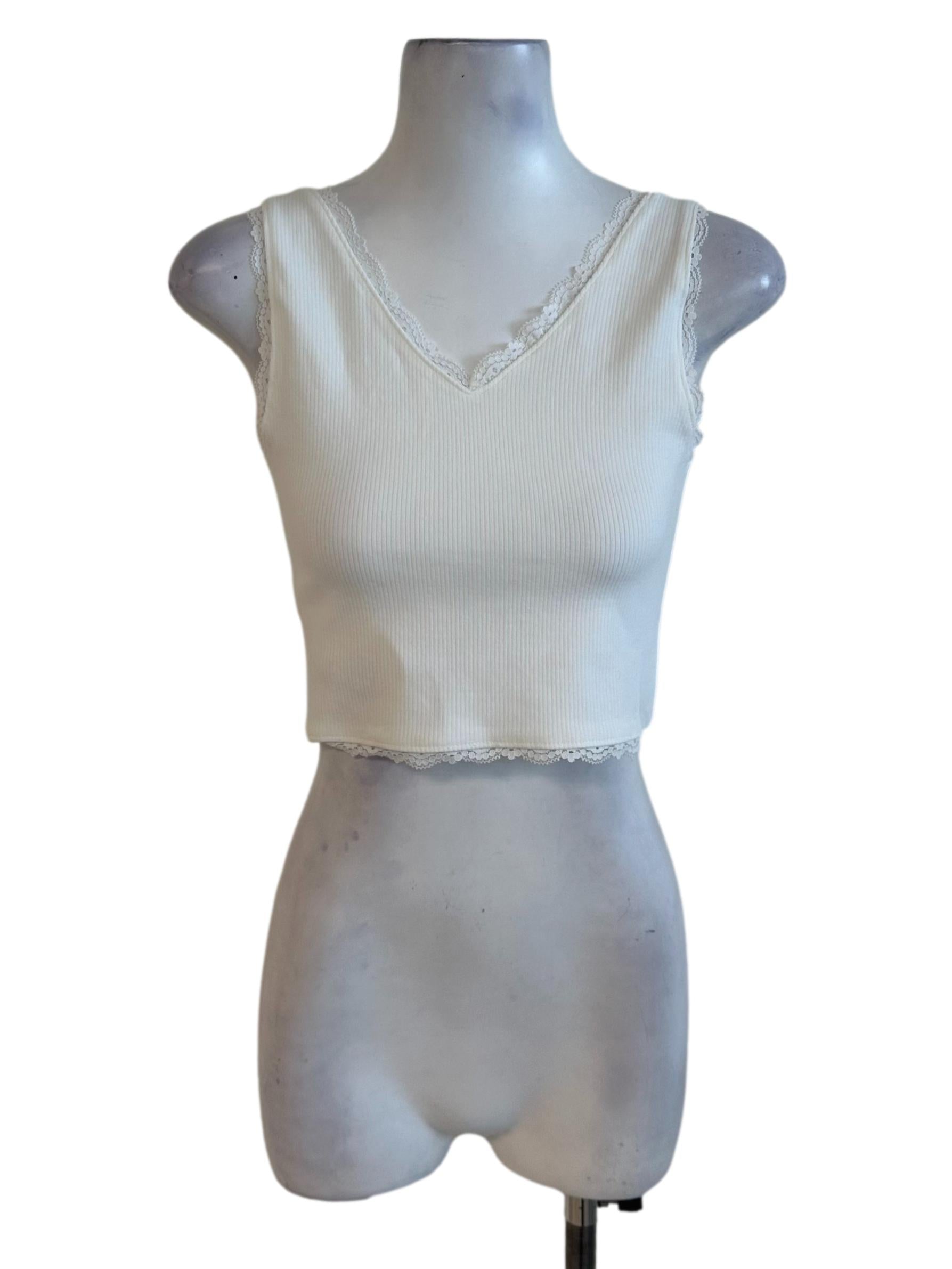 Pearl White V Neck Lace Border Knit Top