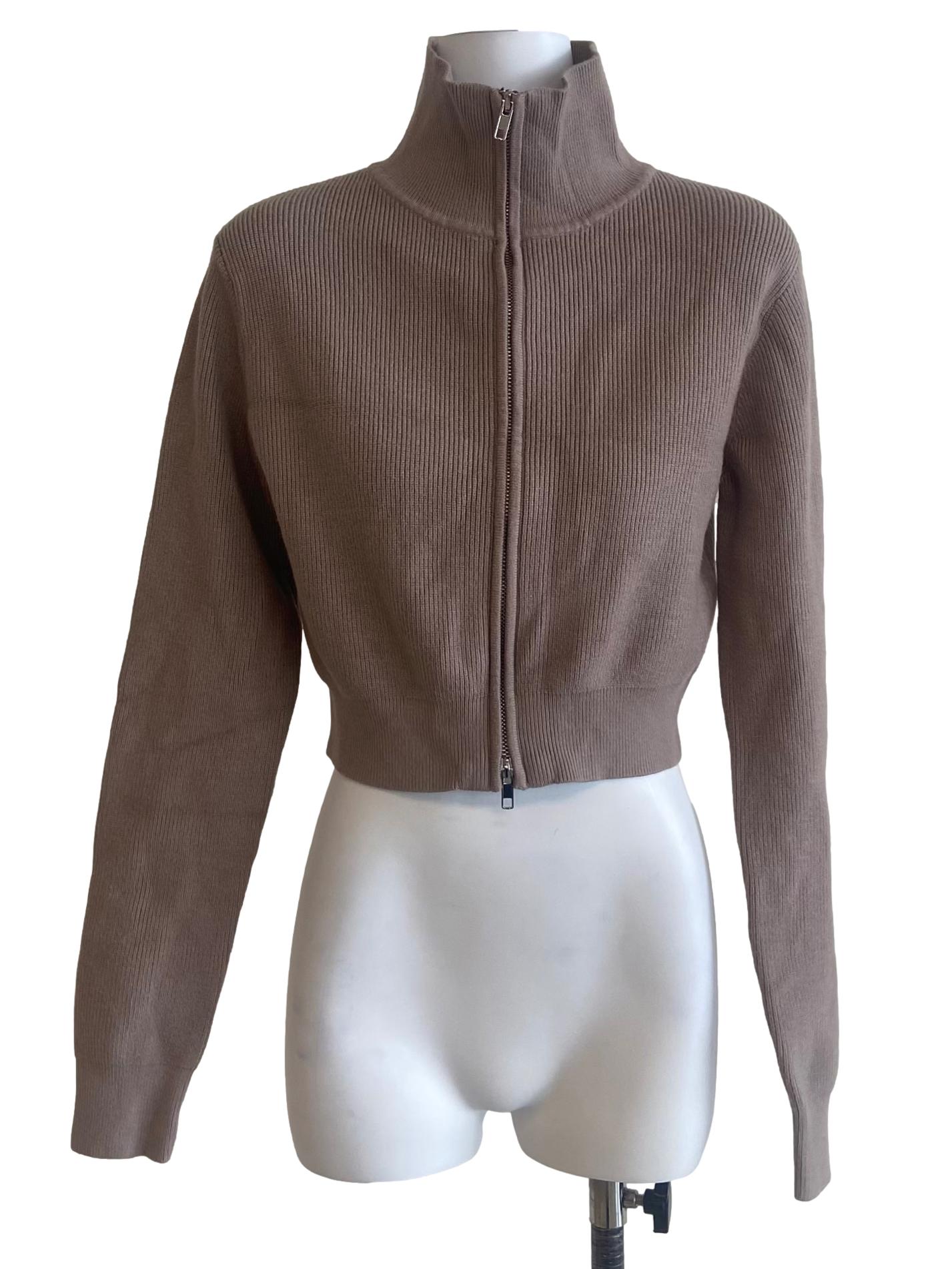 Bone Beige Pencil Stripe Zipper Top