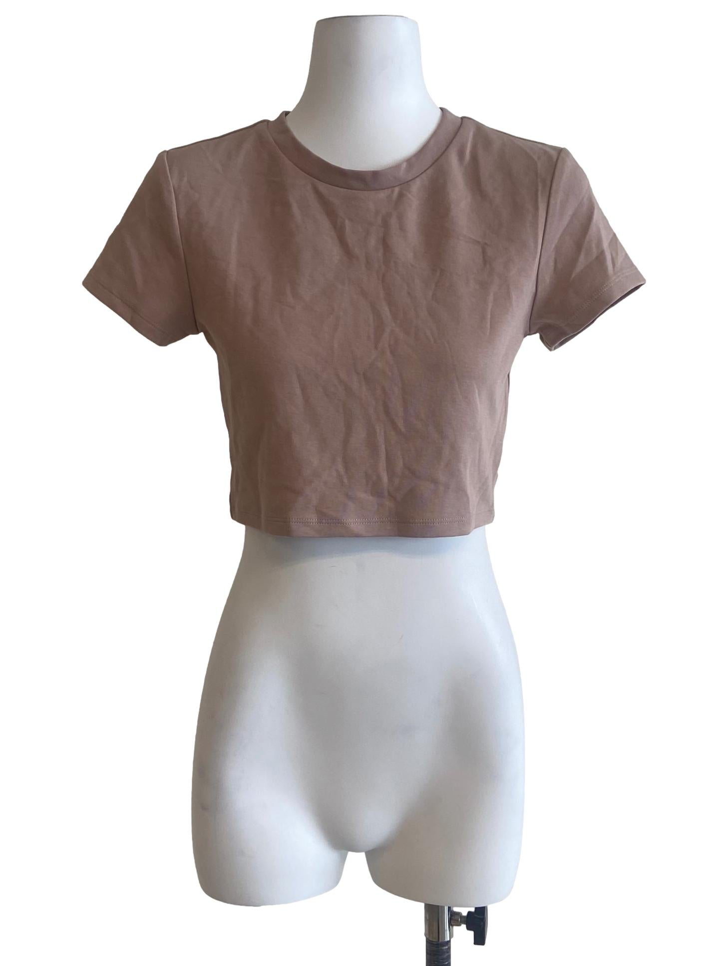 Brown Beige Twill Crop T-Shirt