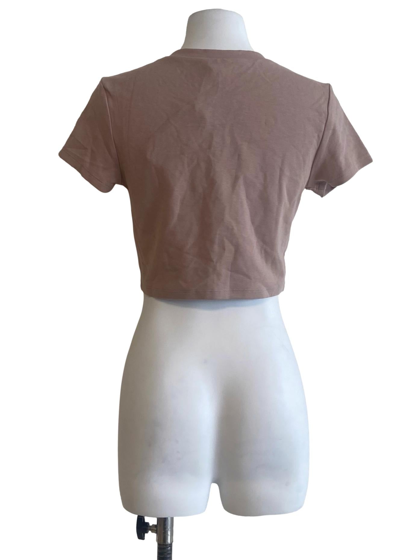 Brown Beige Twill Crop T-Shirt