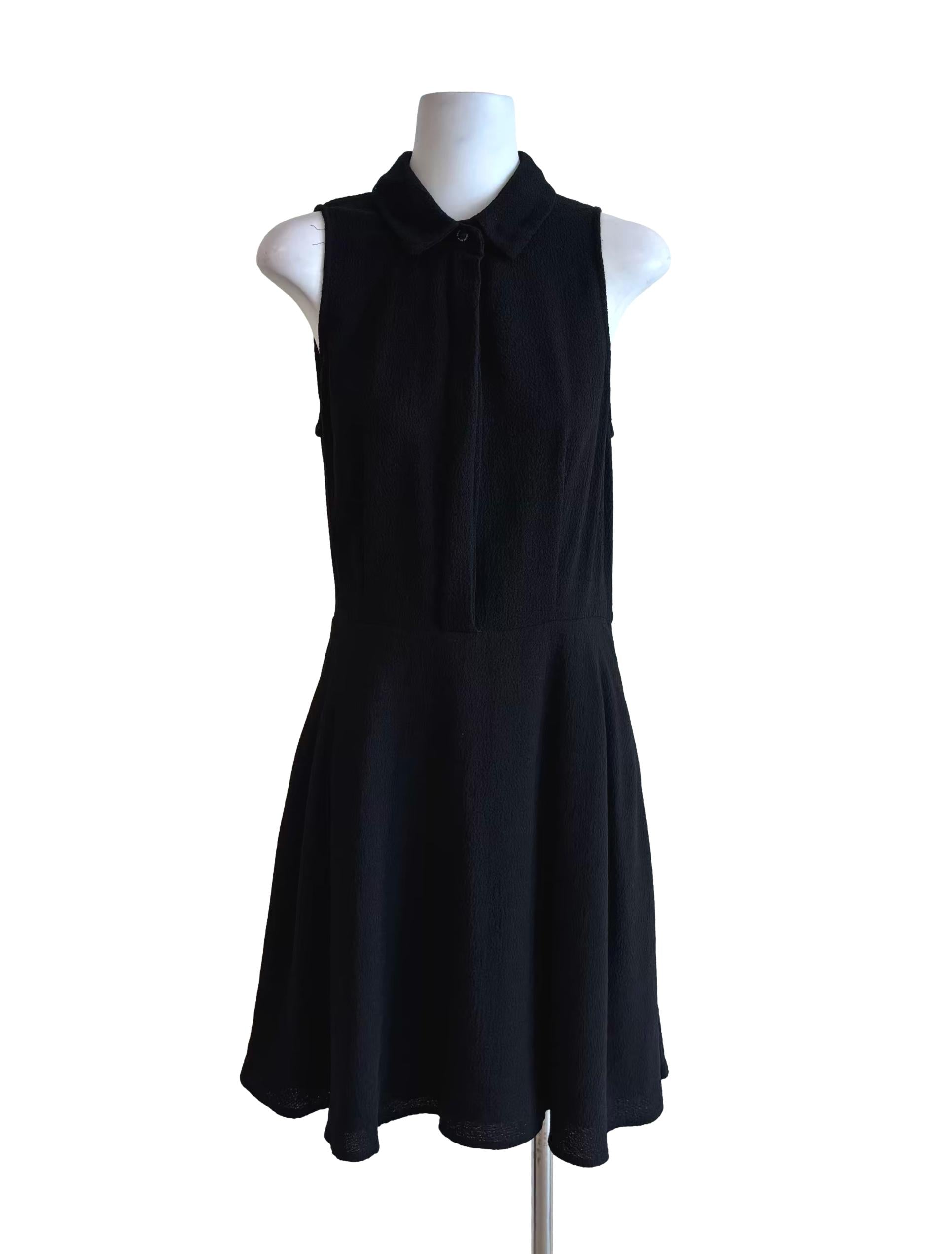 Rich Black Sleeveless Collared A-Line Dress
