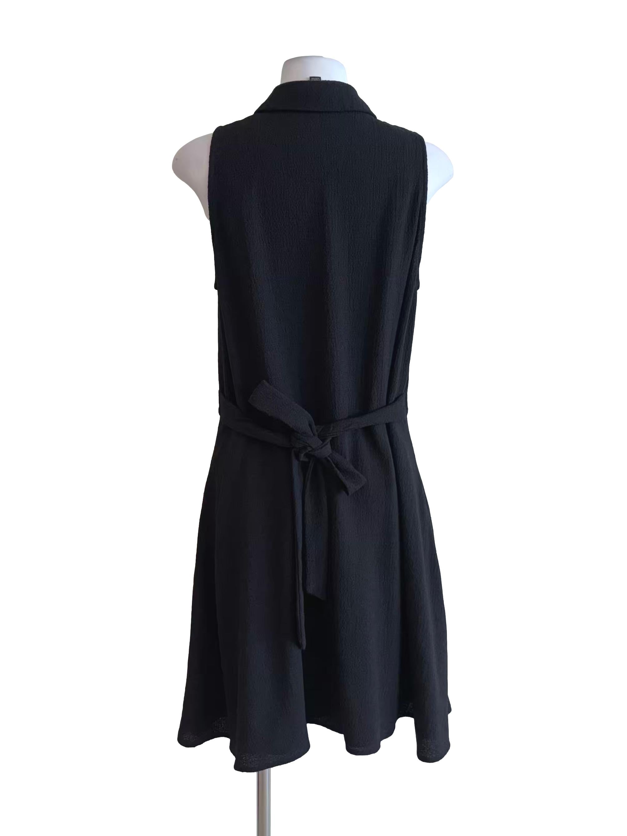 Rich Black Sleeveless Collared A-Line Dress