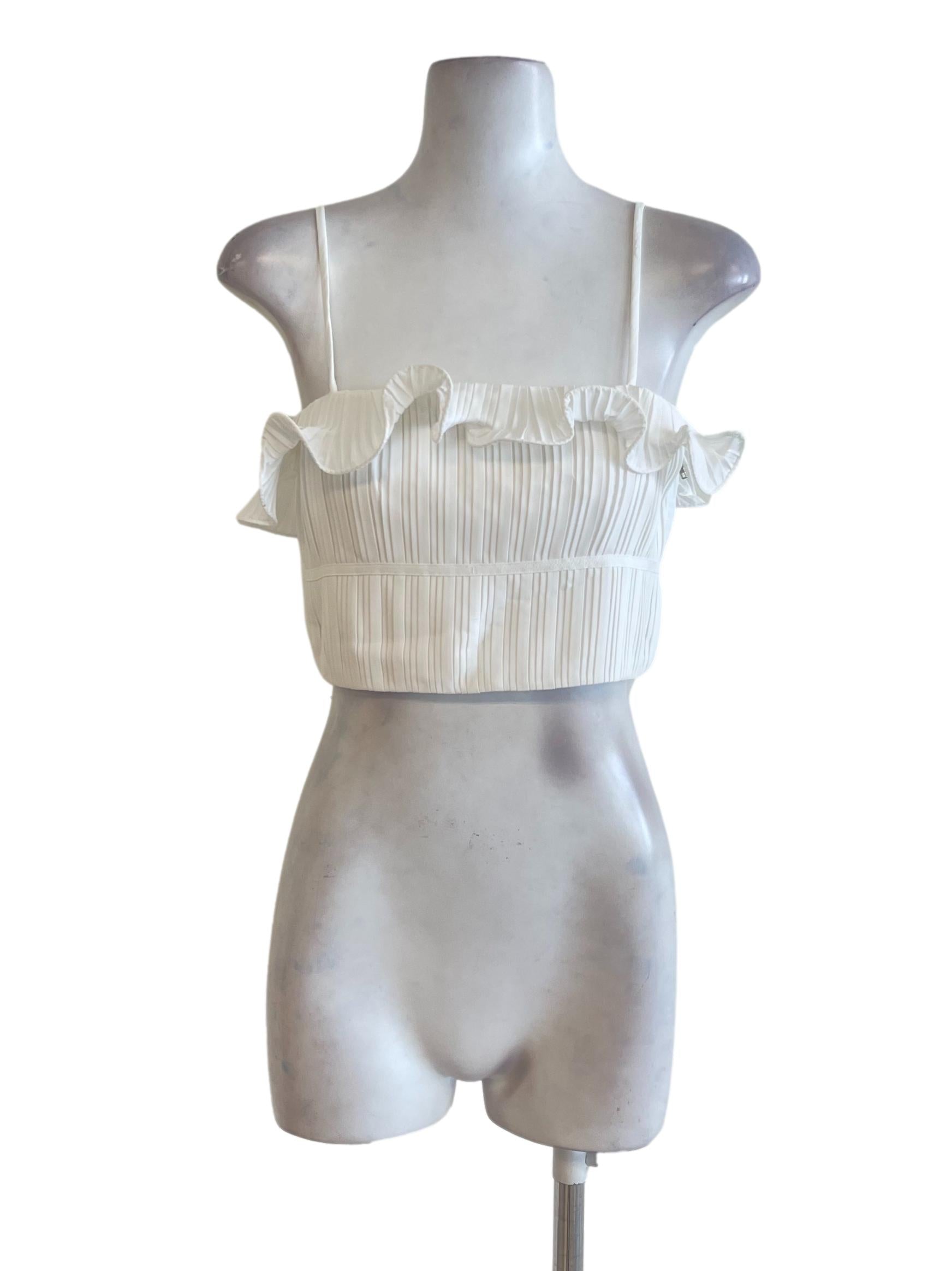 White Accordion Ruffle Spaghetti Strap Crop Top