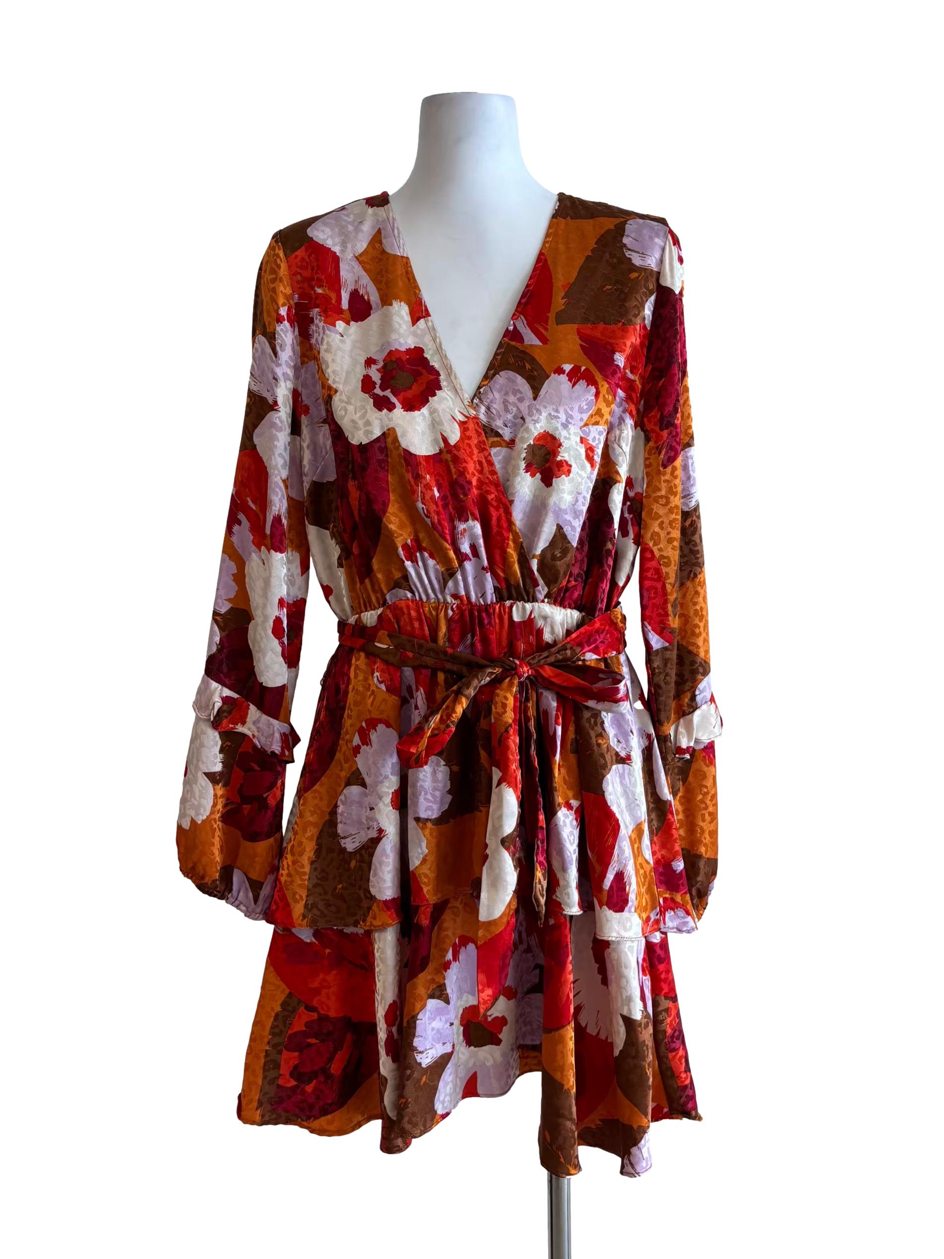 Vermillion Orange Floral Print Surplice Dress