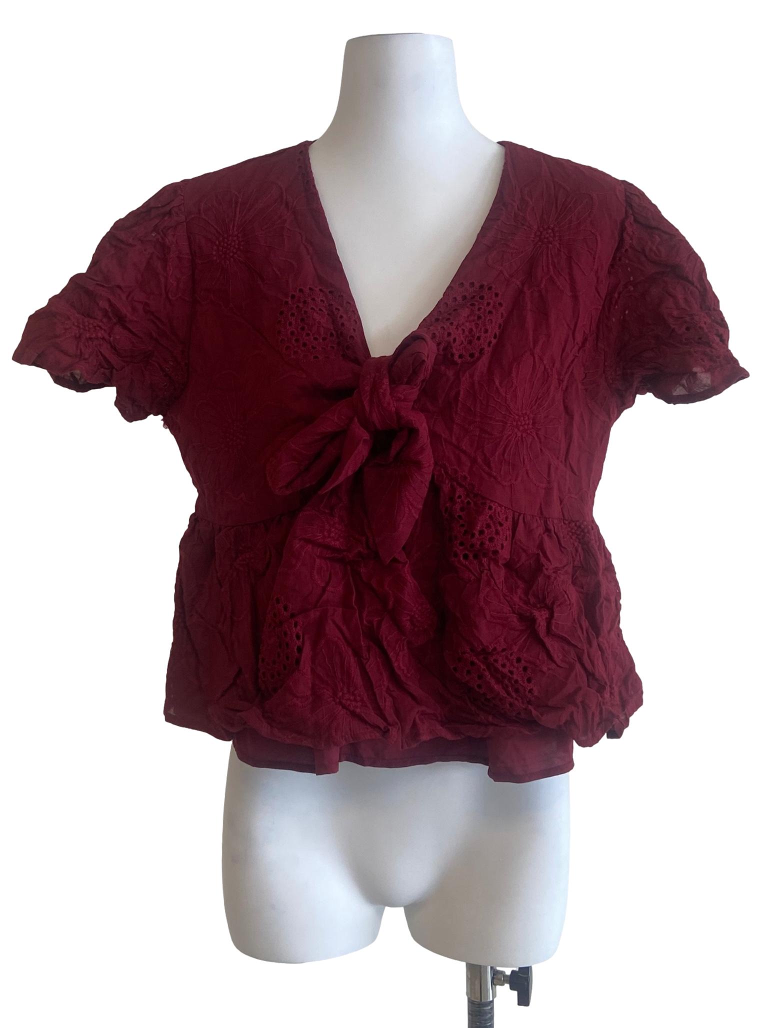 Crimson Red Floral Embroidery Front Knot Blouse