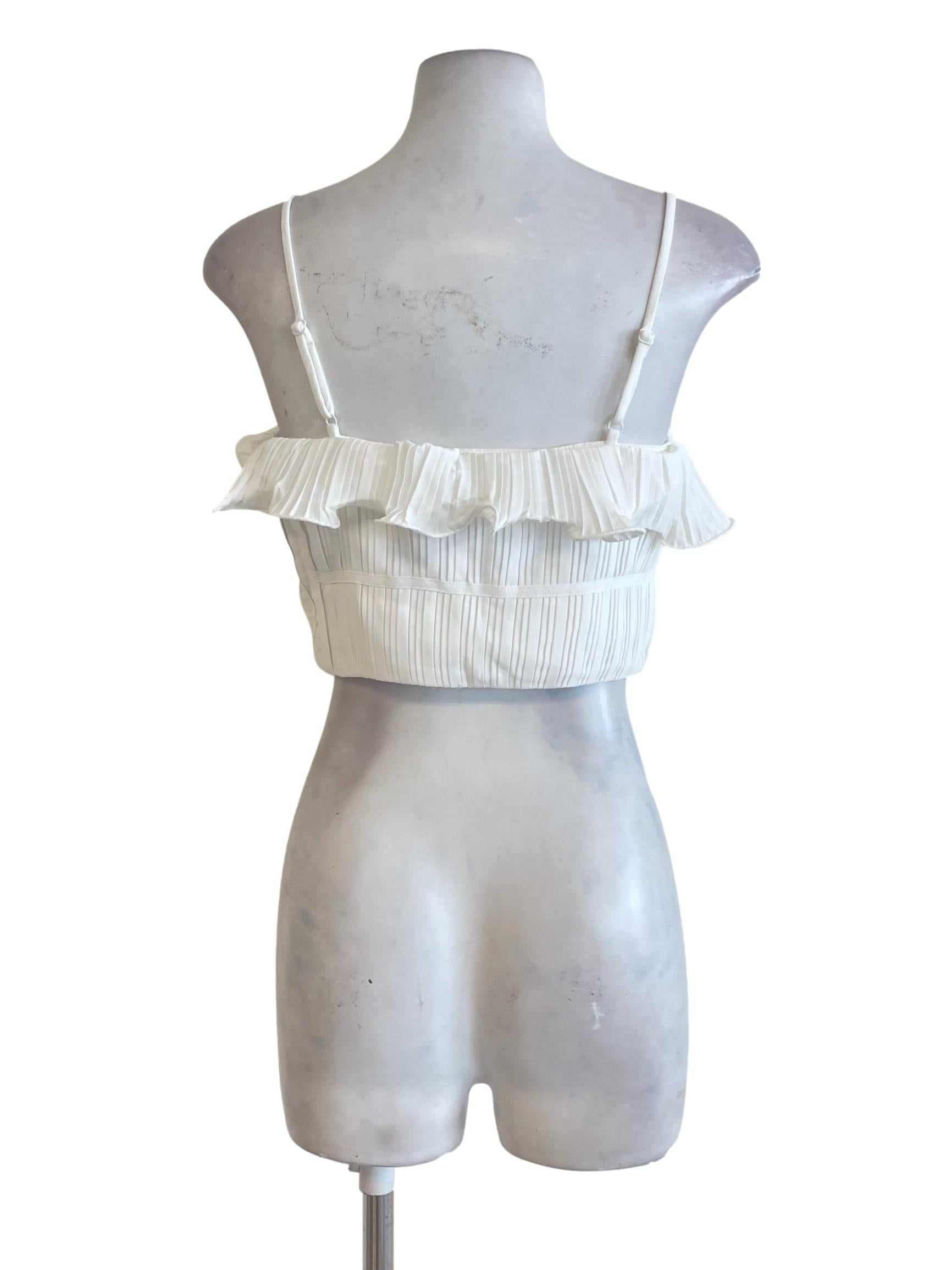 White Accordion Ruffle Spaghetti Strap Crop Top
