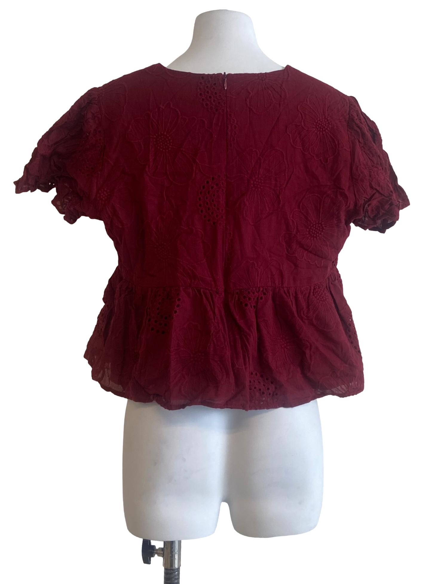 Crimson Red Floral Embroidery Front Knot Blouse