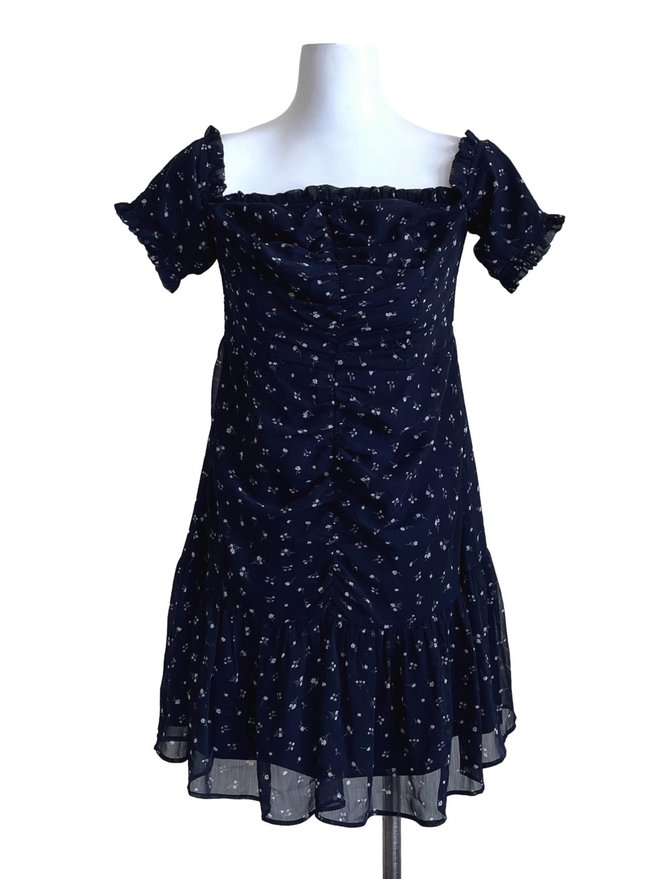 Navy Blue Floral Off-Shoulder Dress