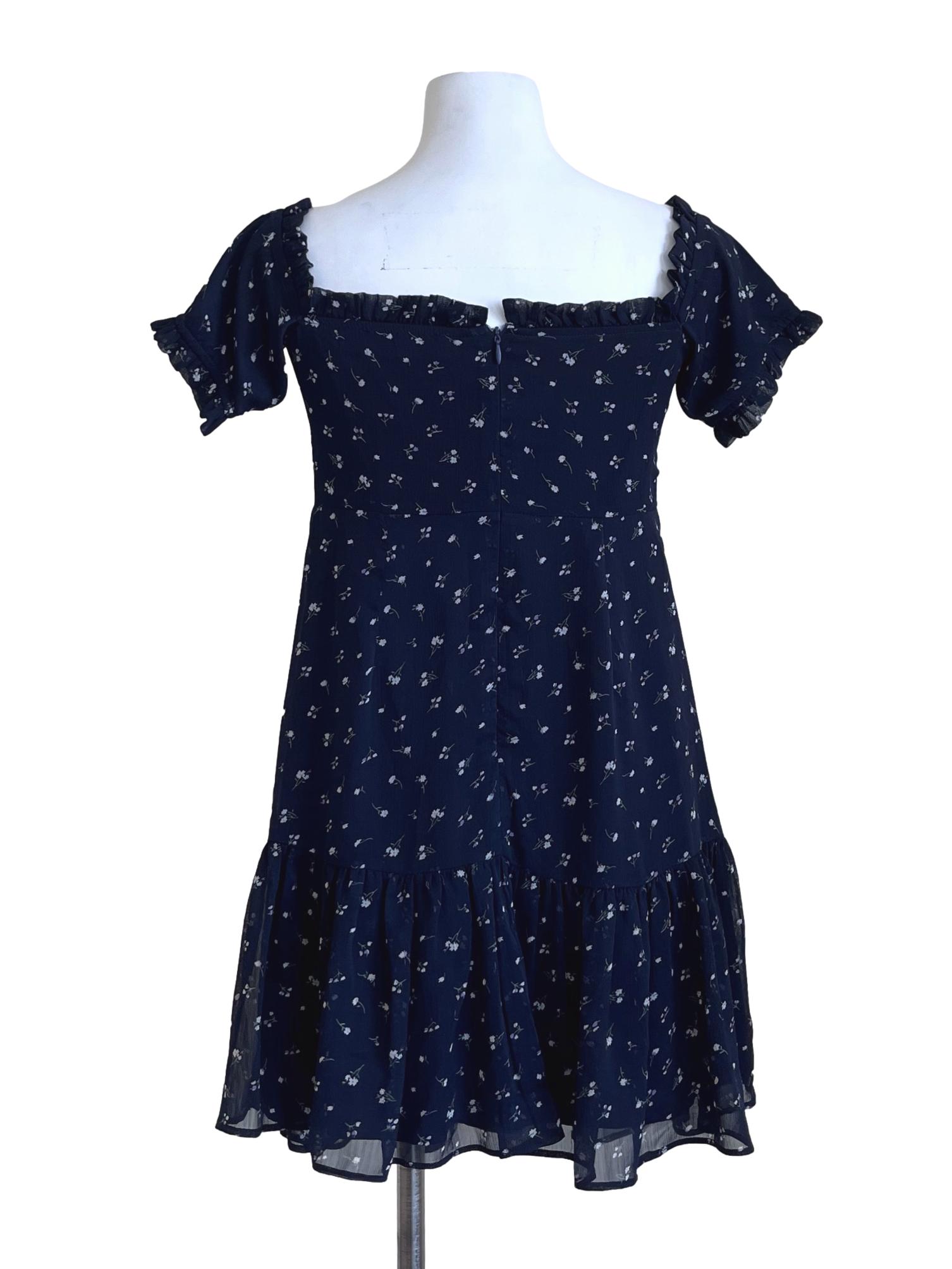Navy Blue Floral Off-Shoulder Dress