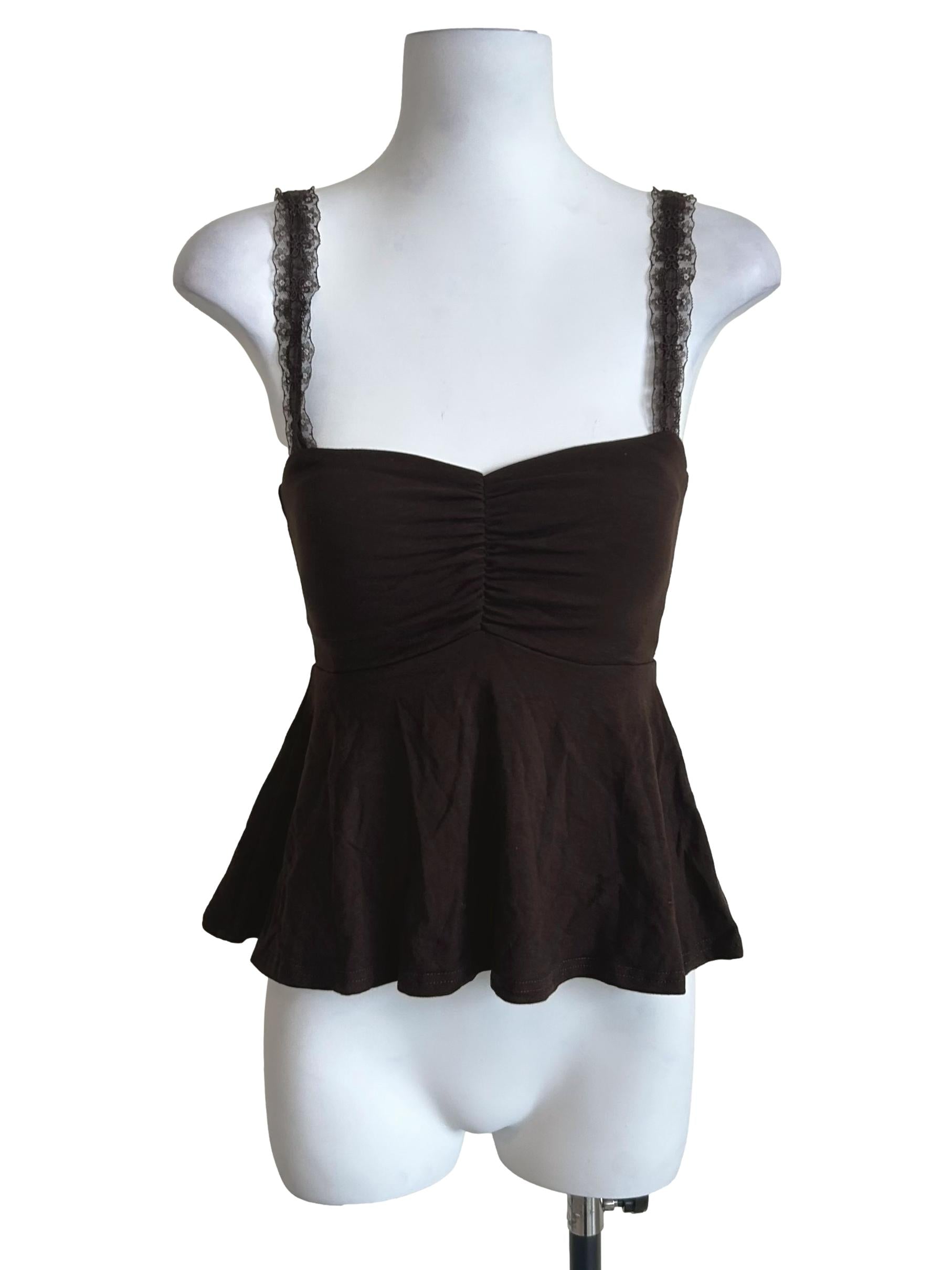 Chocolate Brown Lace Trim Peplum Top