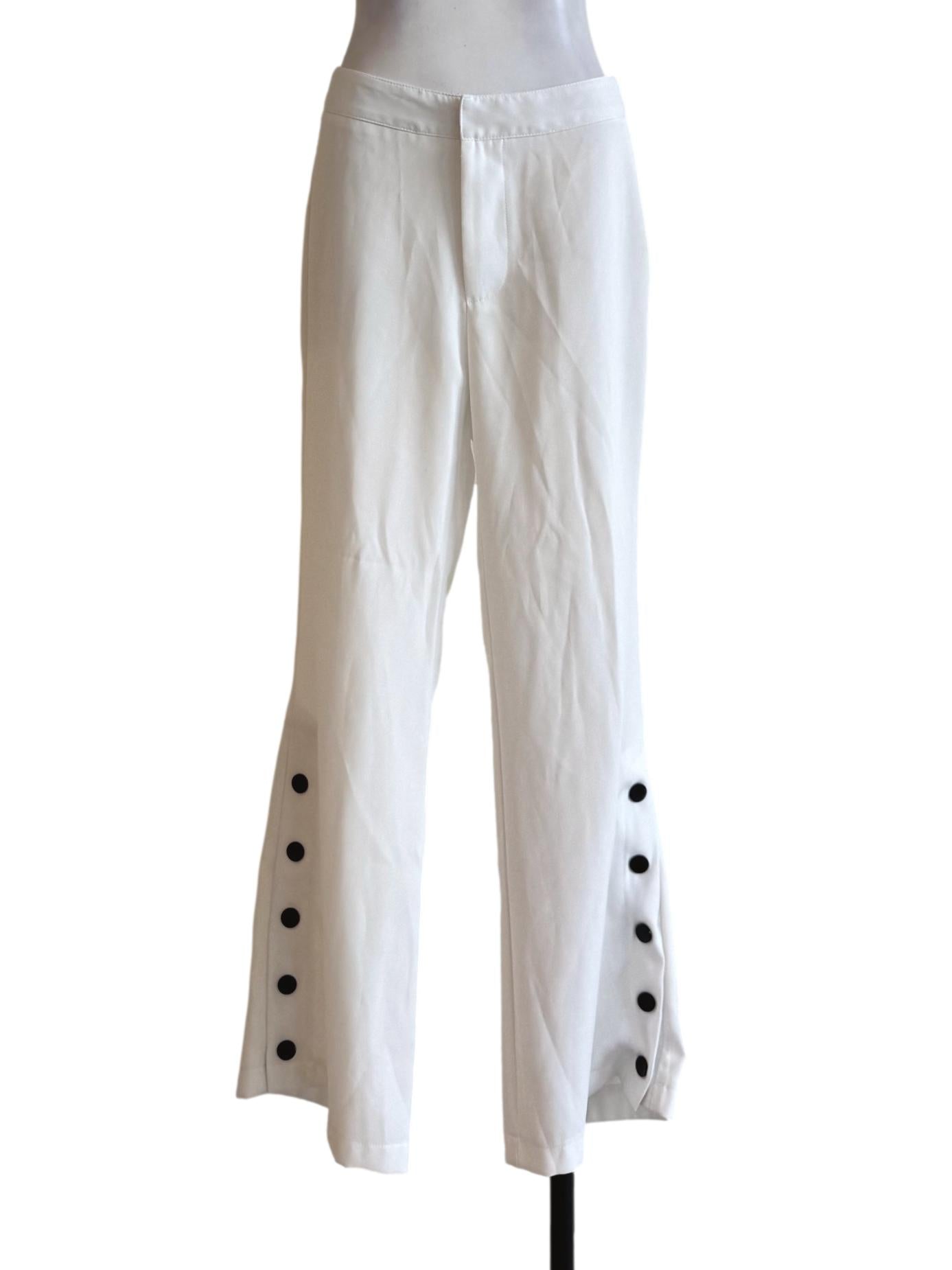 Pure White With Black Buttons At The Bottom Long Pants