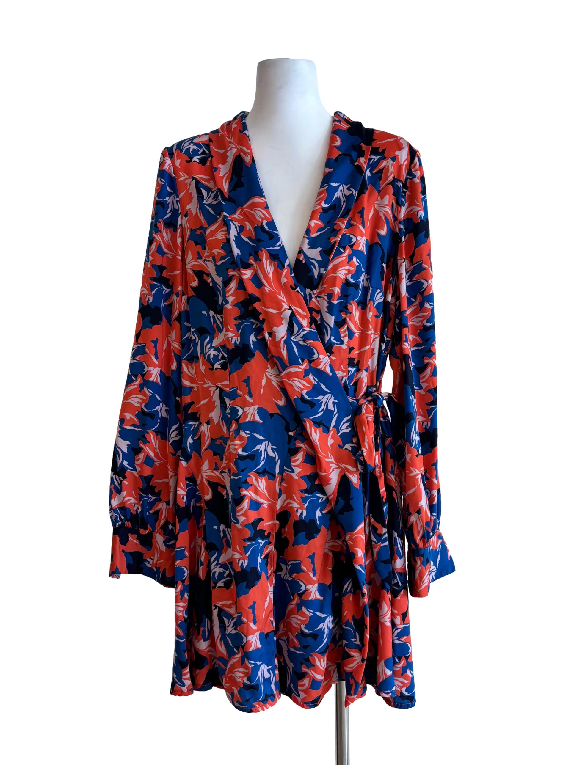 Orange Blue Floral Wrap Dress
