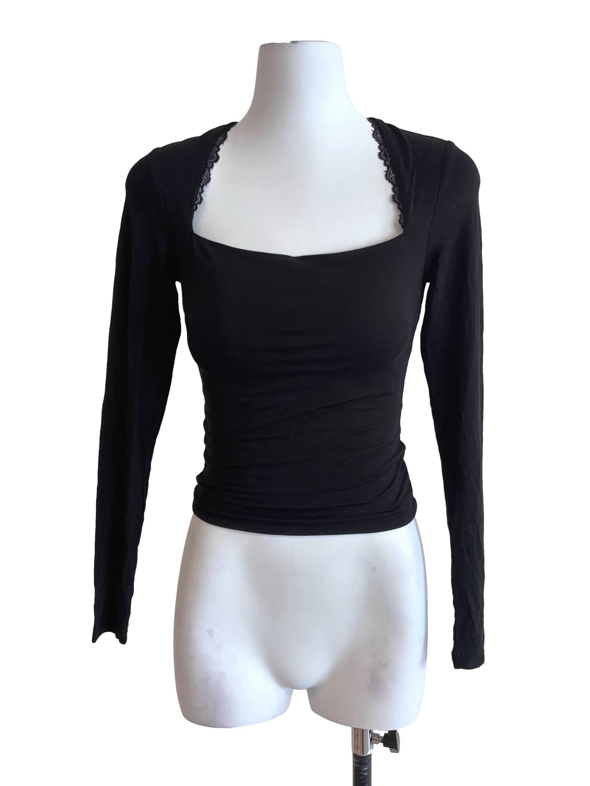 Jet Black Square Neck Lace Hem Long Sleeve Top