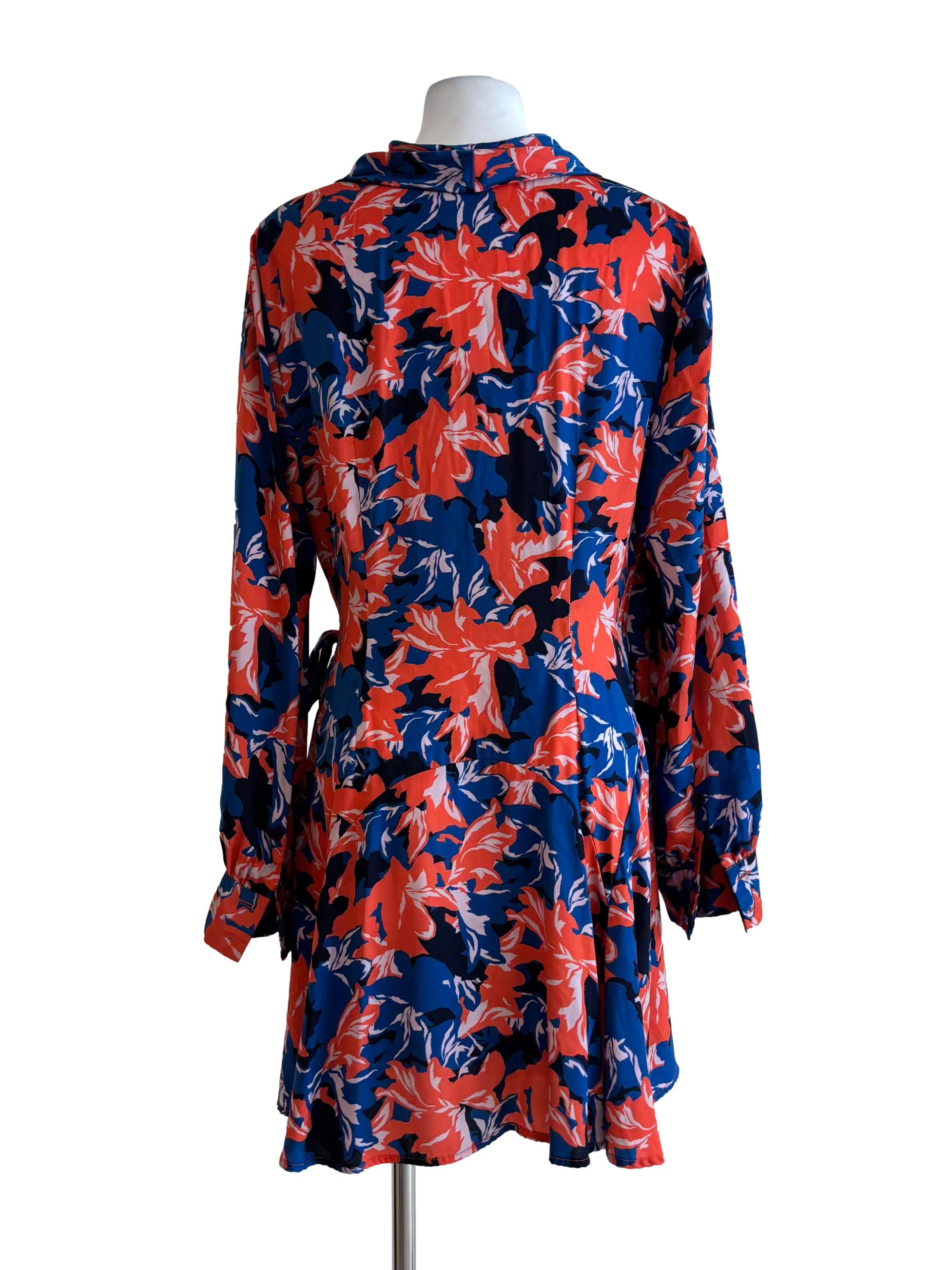 Orange Blue Floral Wrap Dress