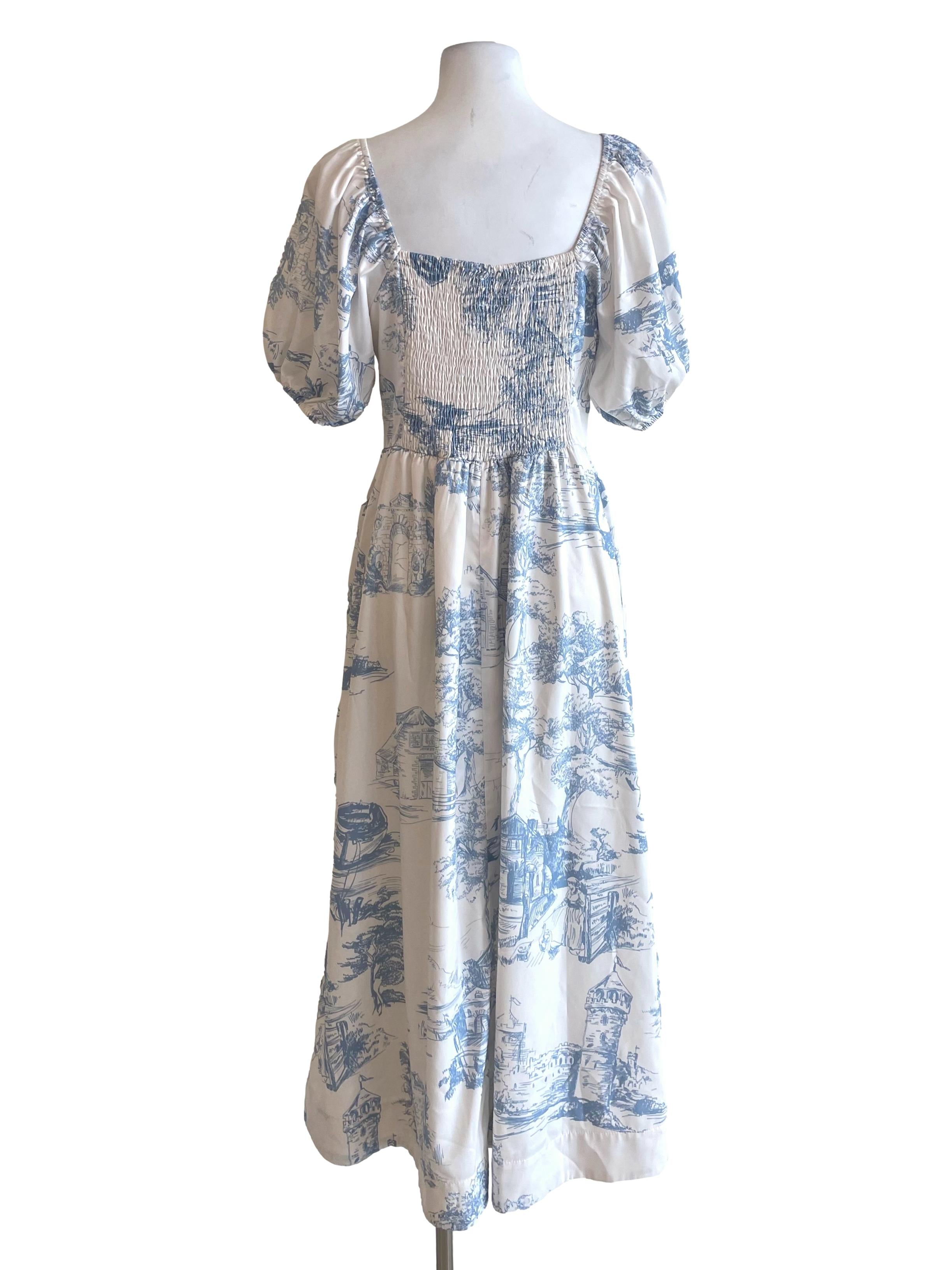 White Drawing Puff Sleeves Empire Dress