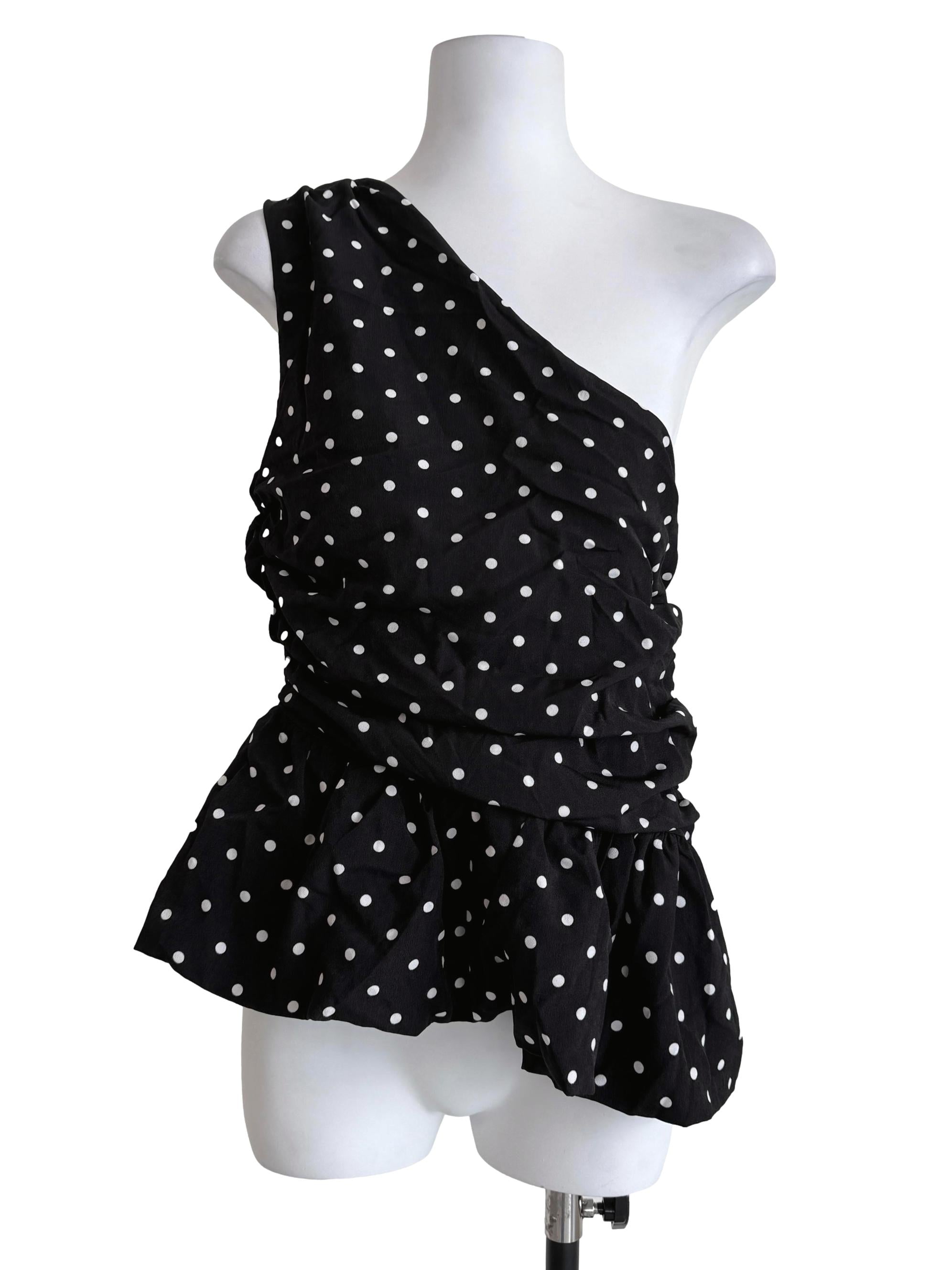 Black Polkadot Asymmetrical Neck Top