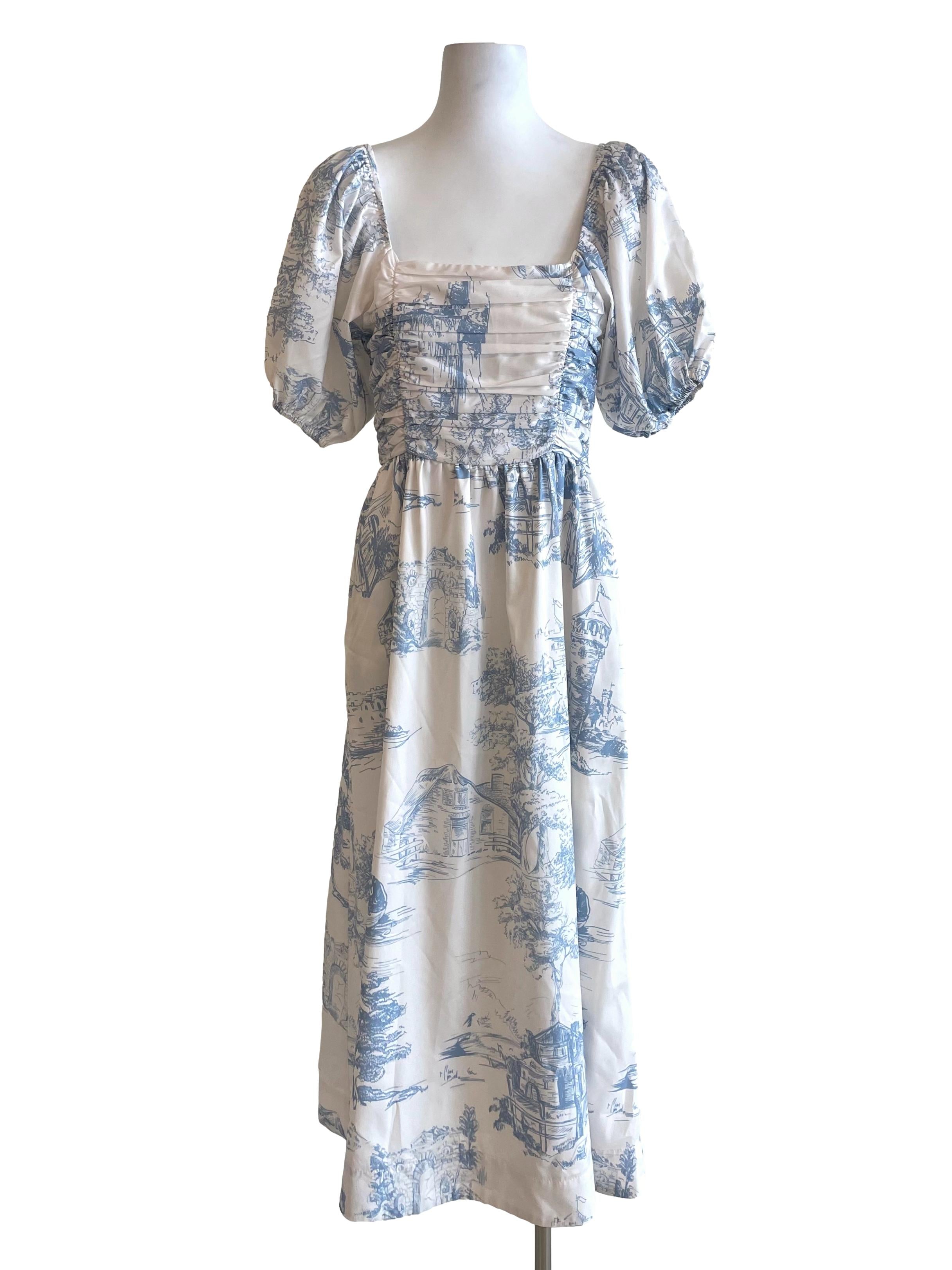 White Drawing Puff Sleeves Empire Dress