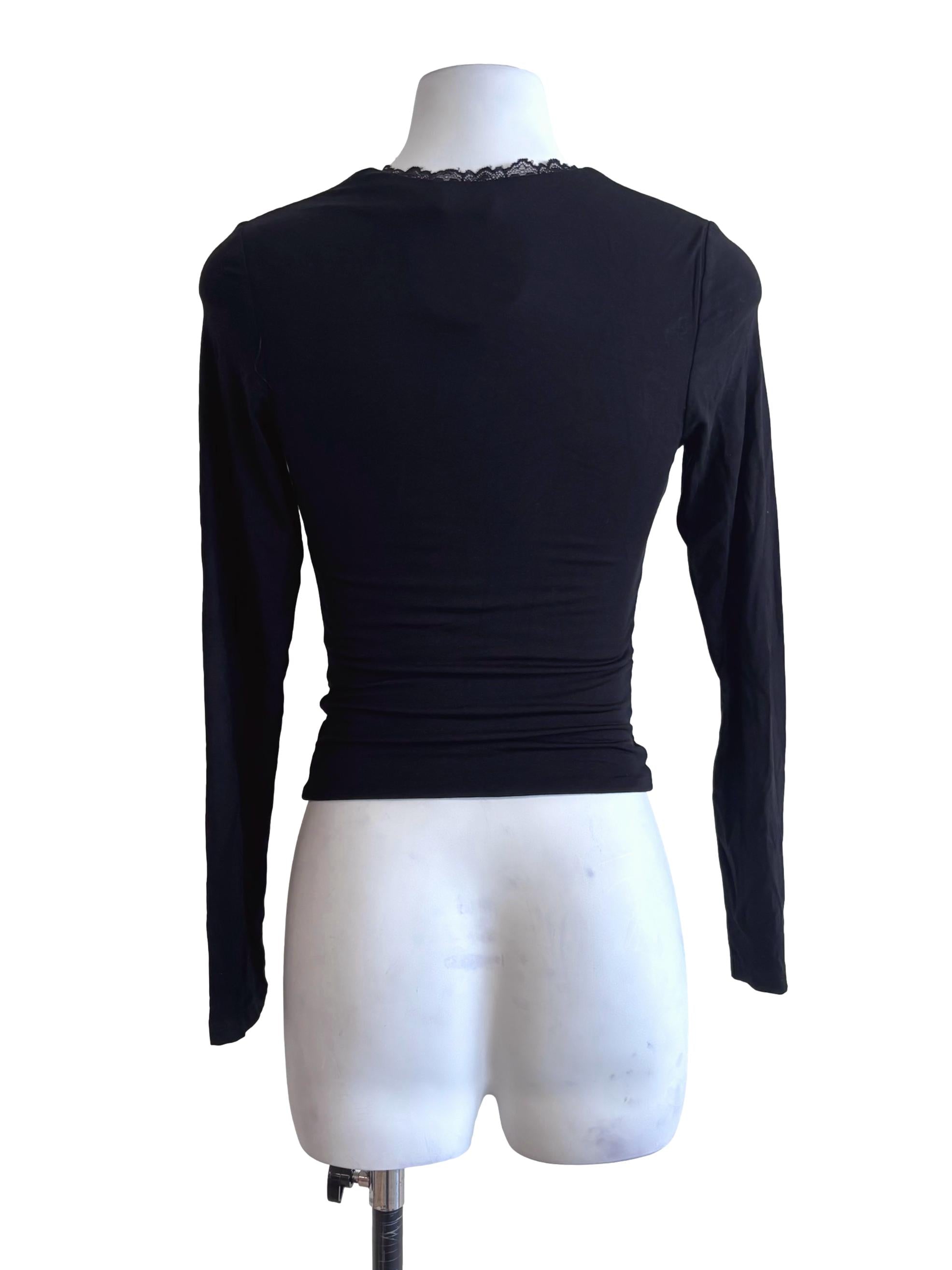 Jet Black Square Neck Lace Hem Long Sleeve Top