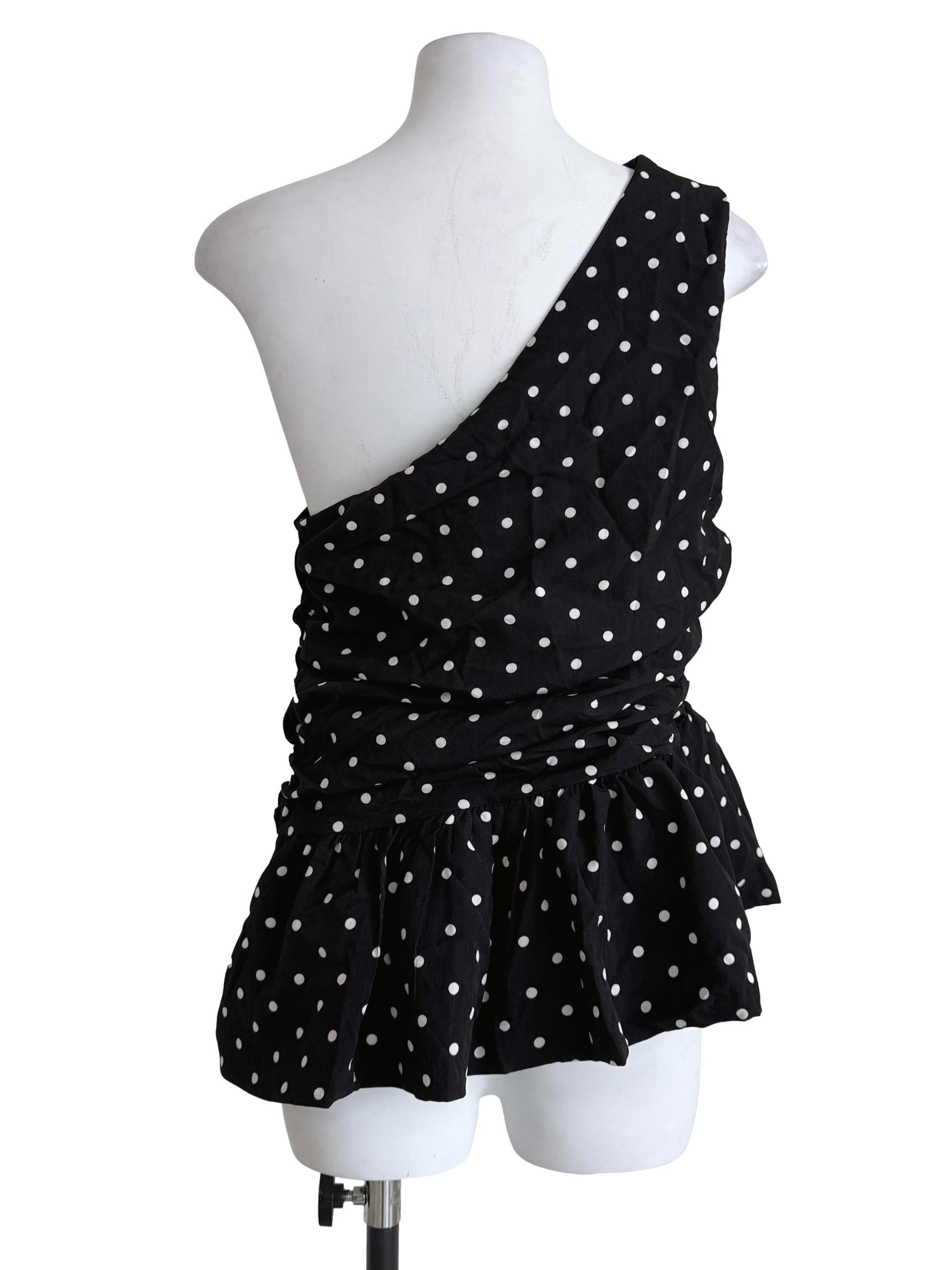 Black Polkadot Asymmetrical Neck Top