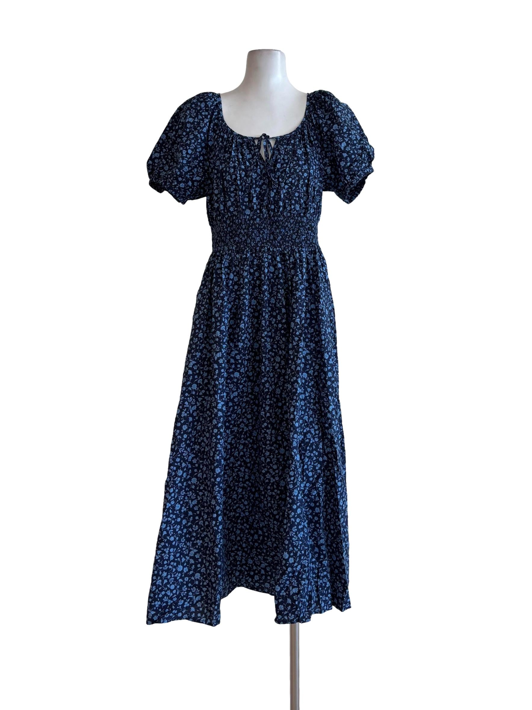 Lapis Blue Scrunched Waist Floral Dress