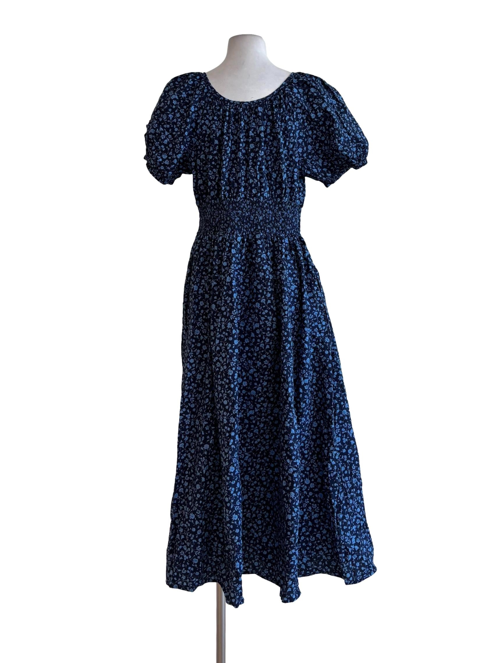 Lapis Blue Scrunched Waist Floral Dress