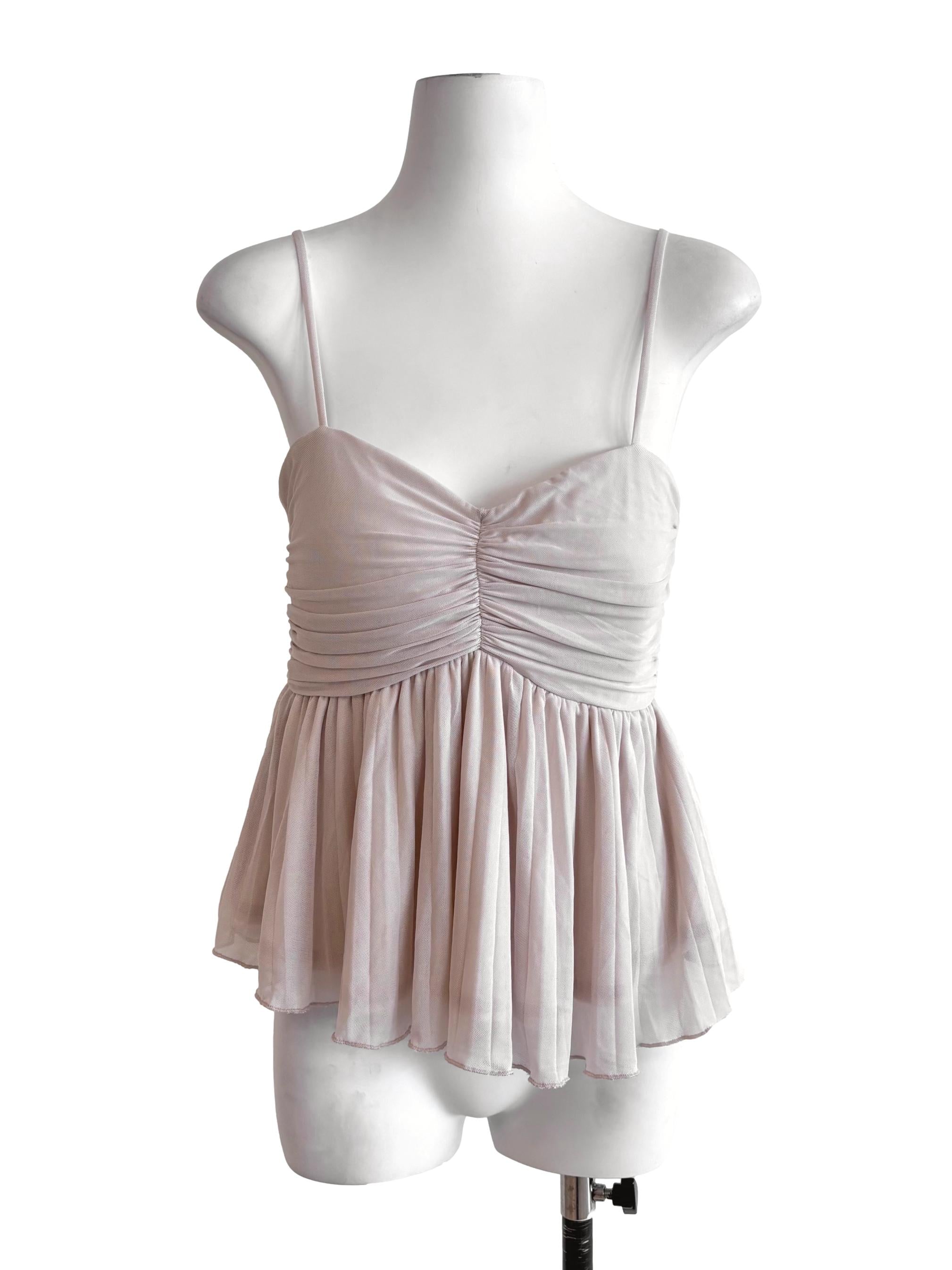 Nude Beige Pleated Mesh Top