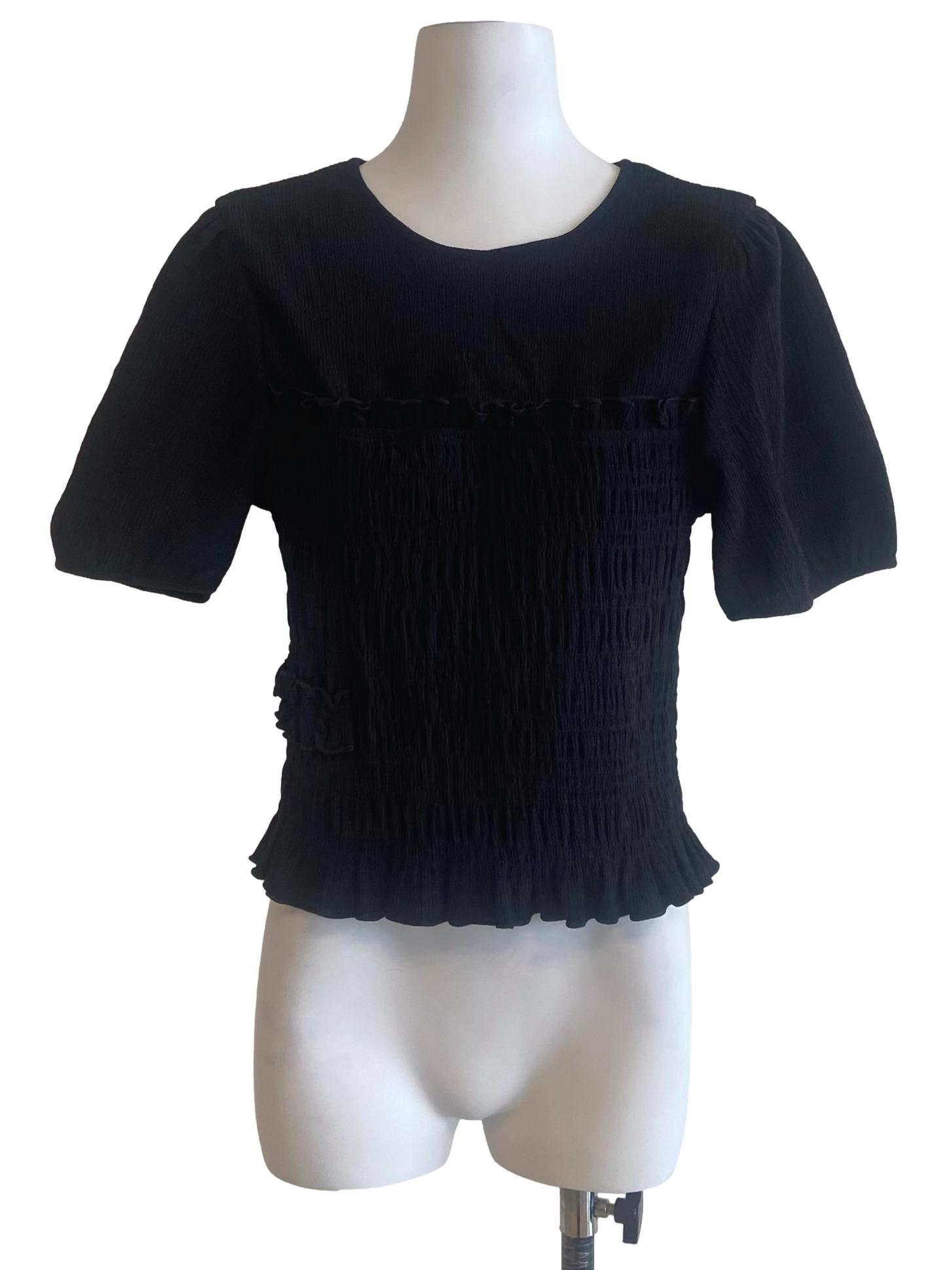 Black Shirring Ruffled Blouse