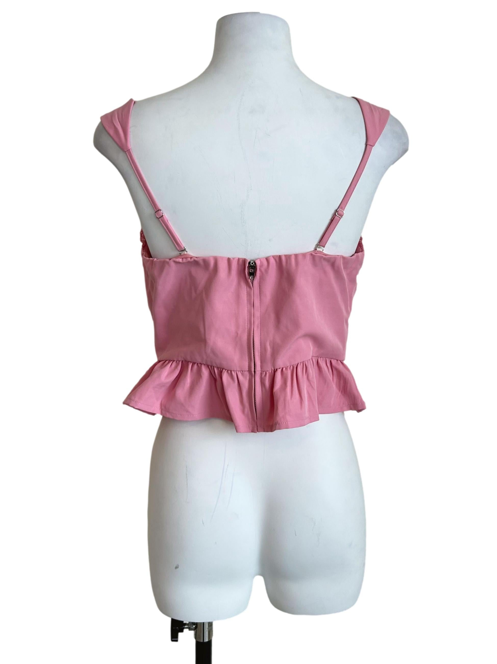 Pink Lace Trim Pleated Peplum Top