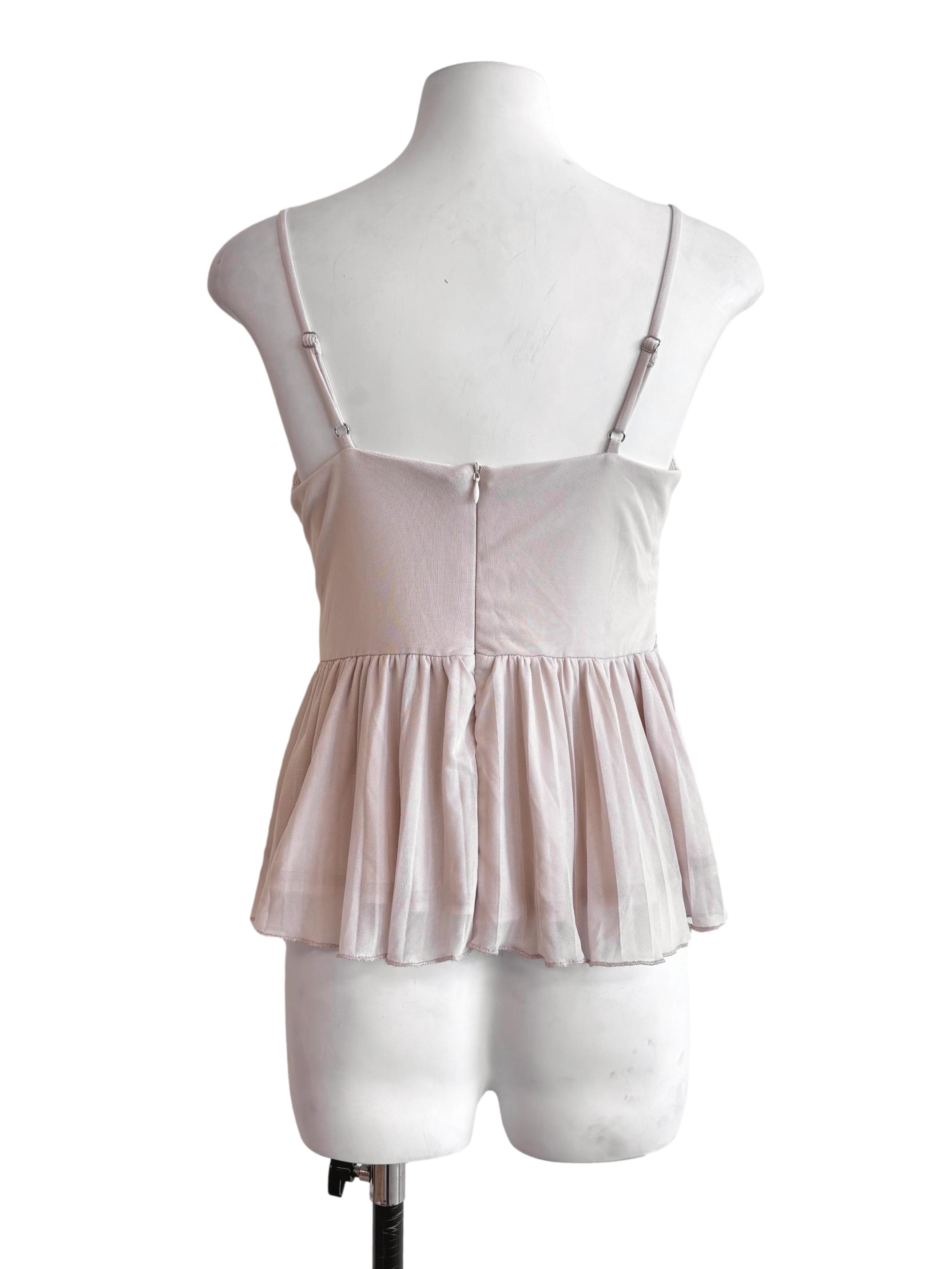 Nude Beige Pleated Mesh Top