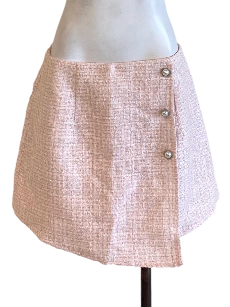 Lemonade Pink Boucle Buttoned Down Mini Tweed A-Line Skirt