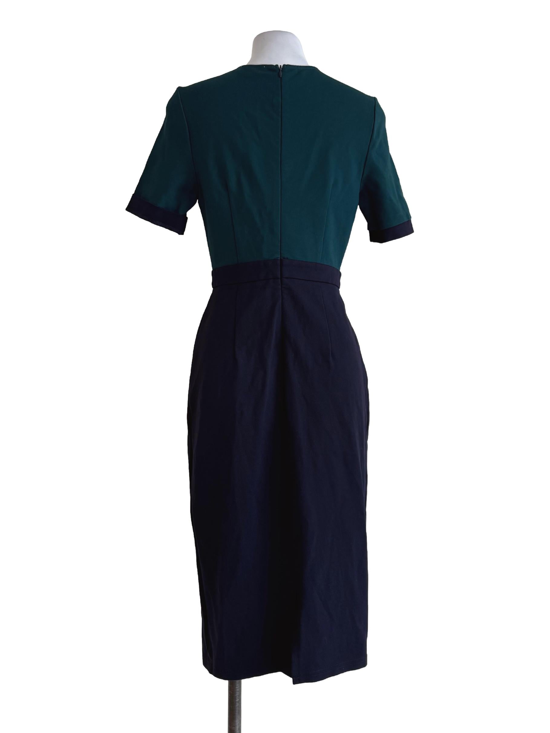 Dark Emerald Green With Navy Blue A-Line Dress LB