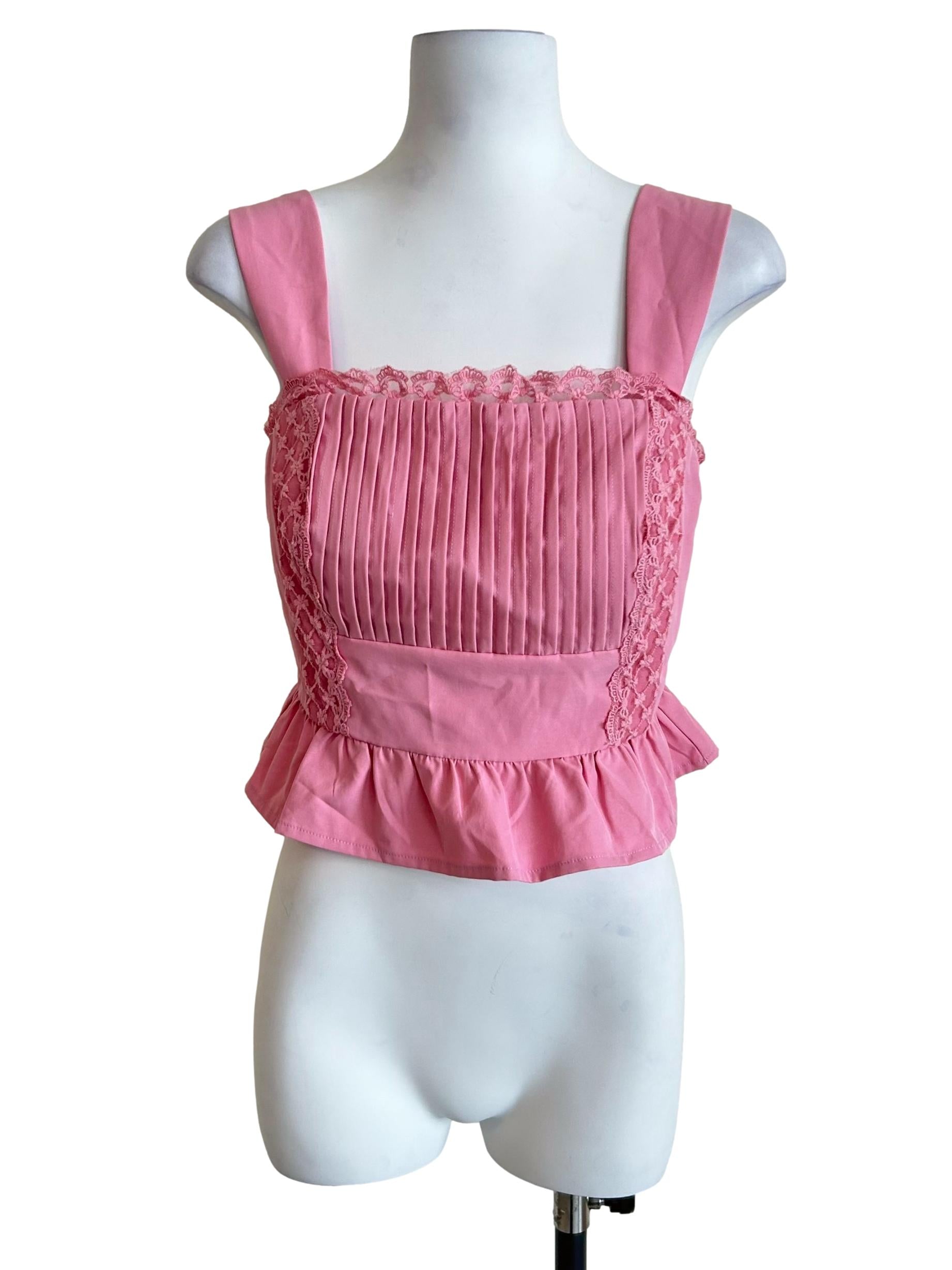 Pink Lace Trim Pleated Peplum Top