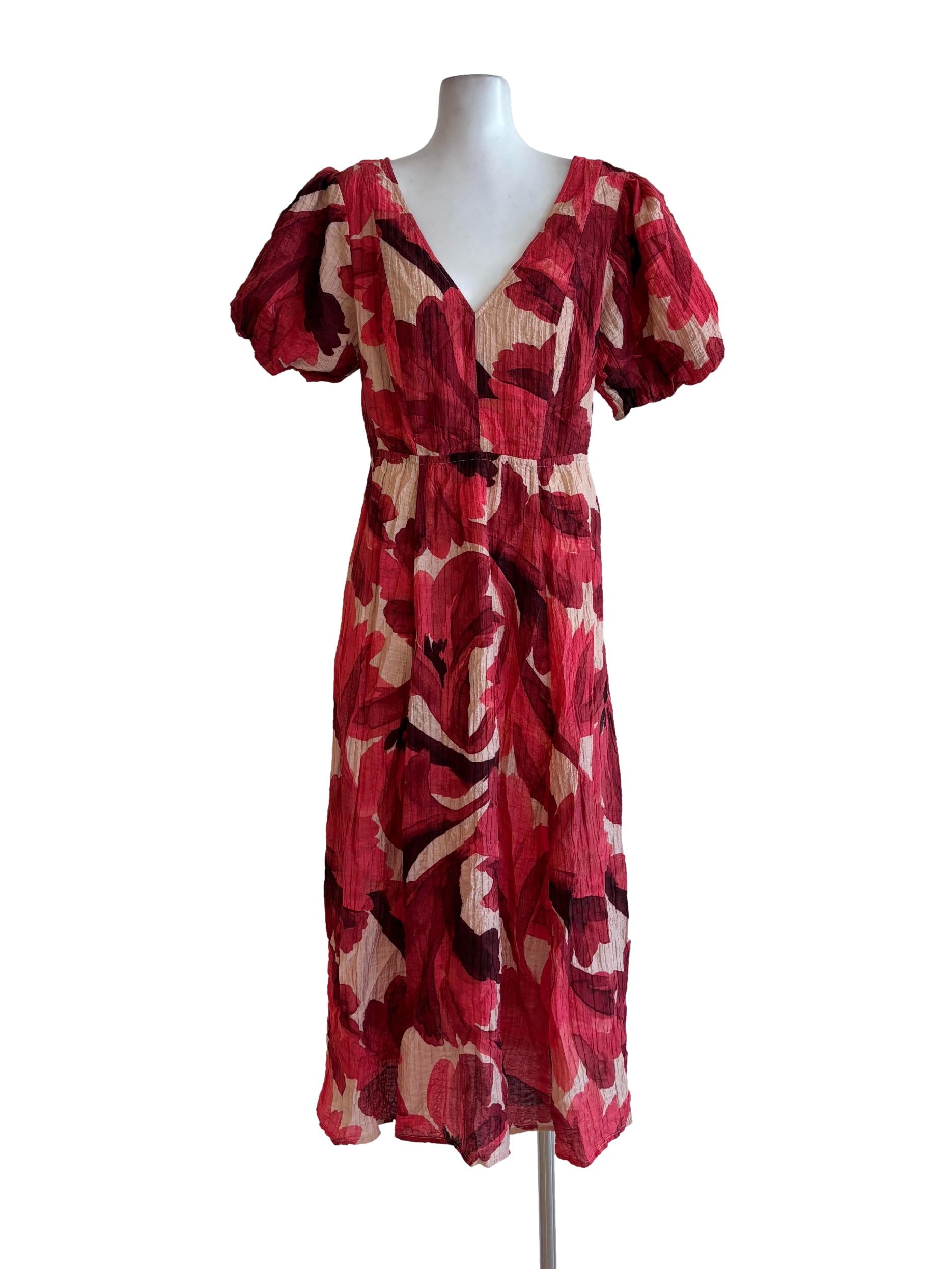 Cherry Red Patterned Puff Sleeves Dress
