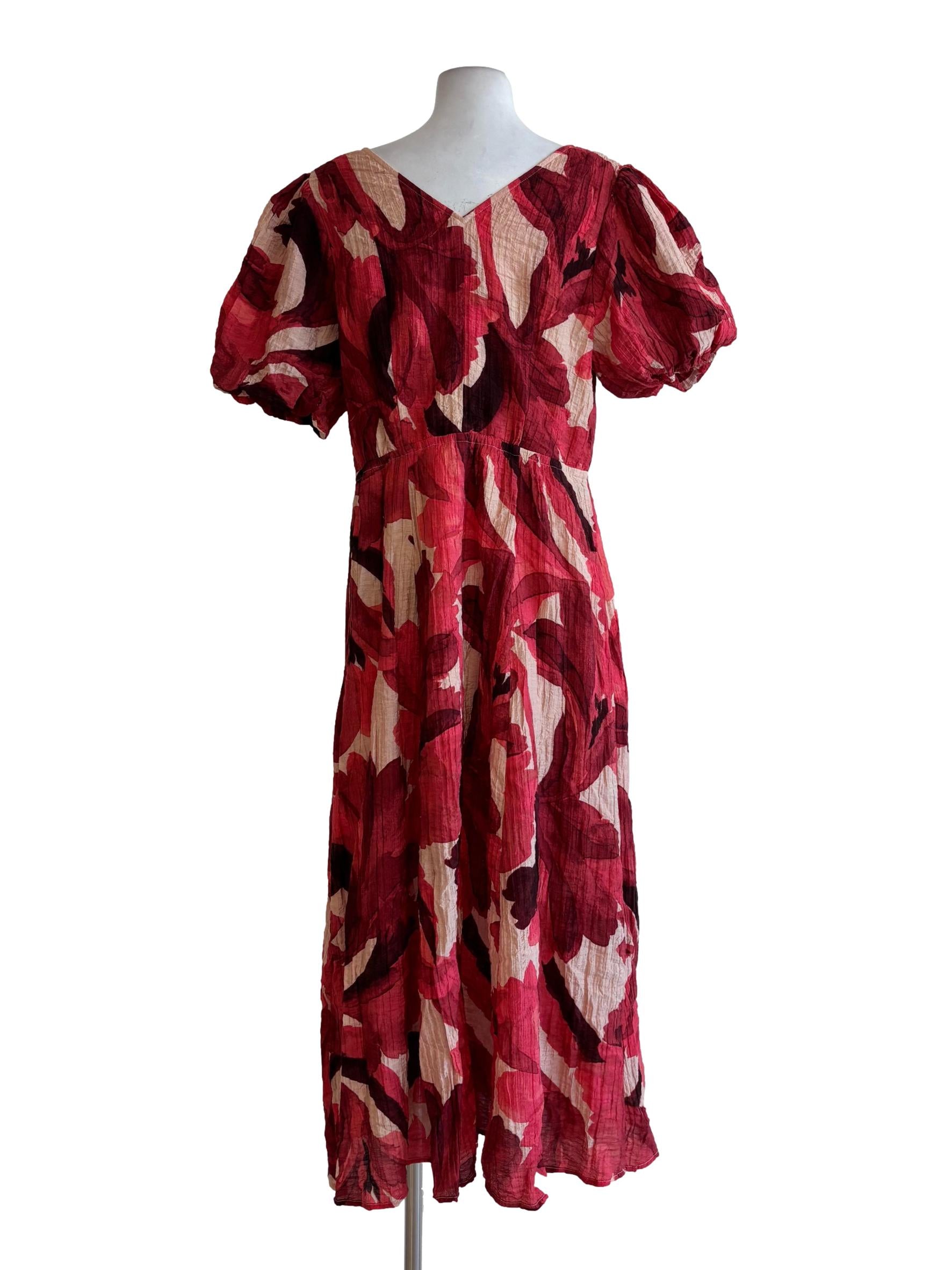 Cherry Red Patterned Puff Sleeves Dress