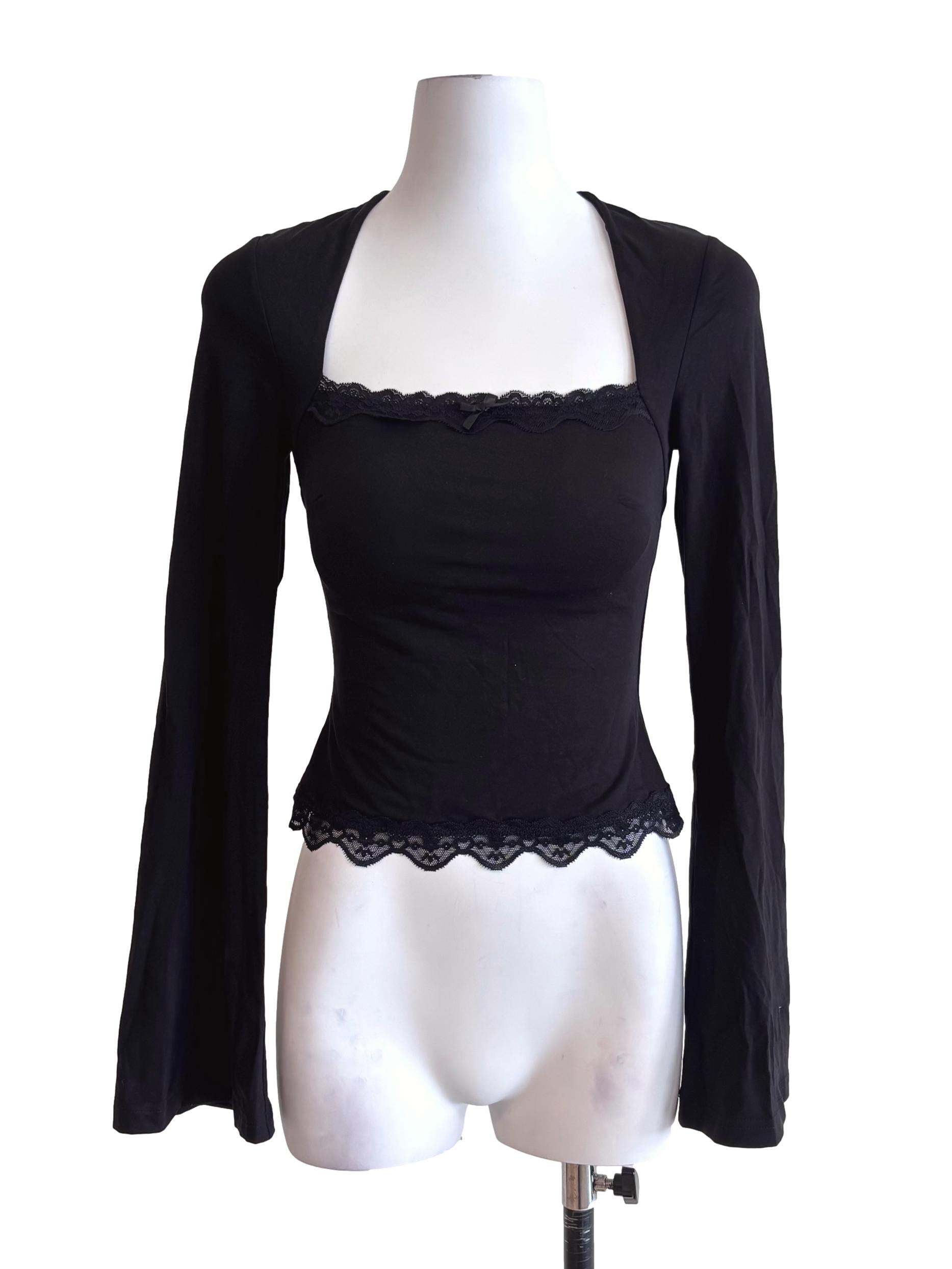 Black Lace Hem Ribbed Long Sleeve Top