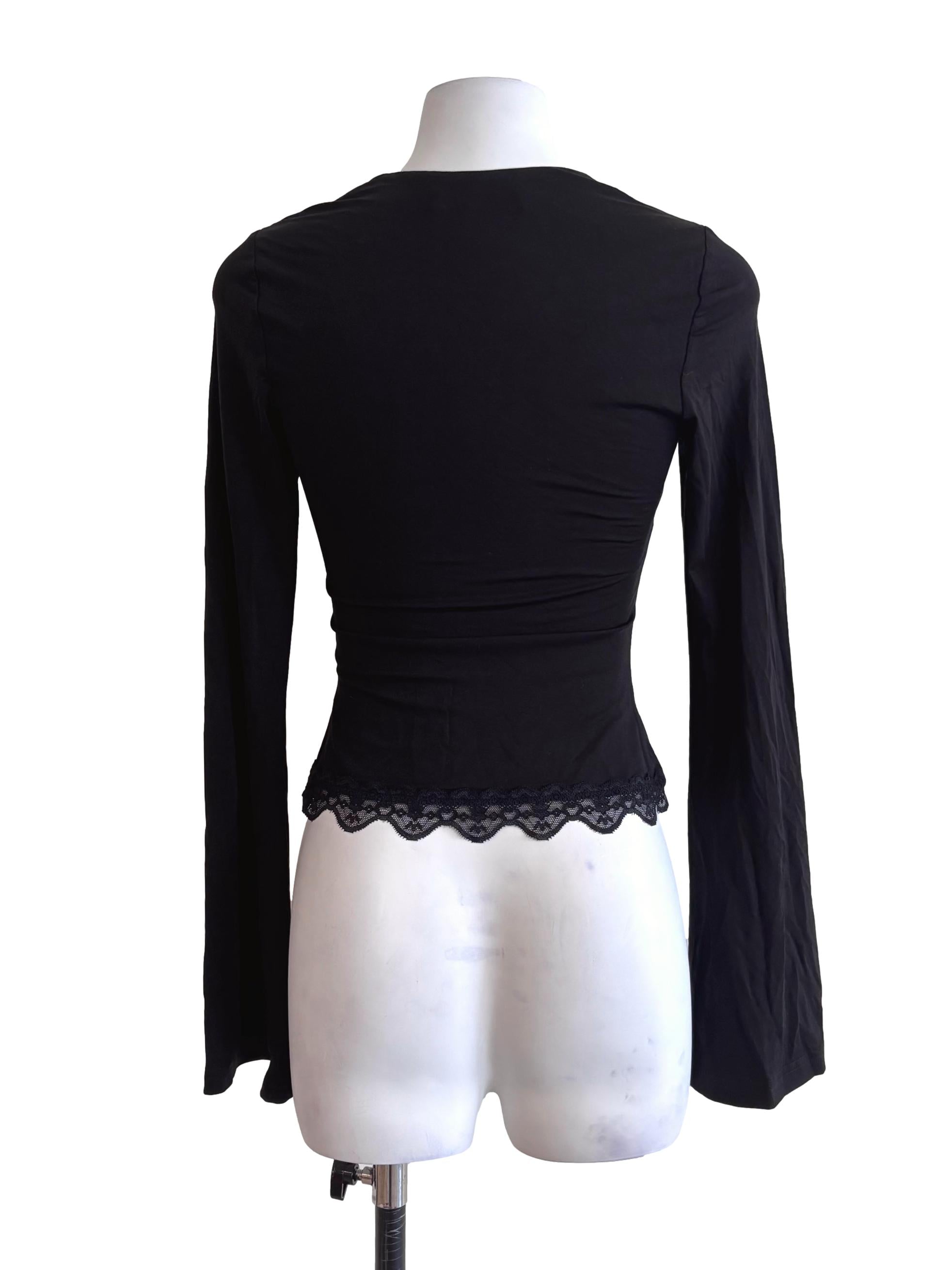 Black Lace Hem Ribbed Long Sleeve Top