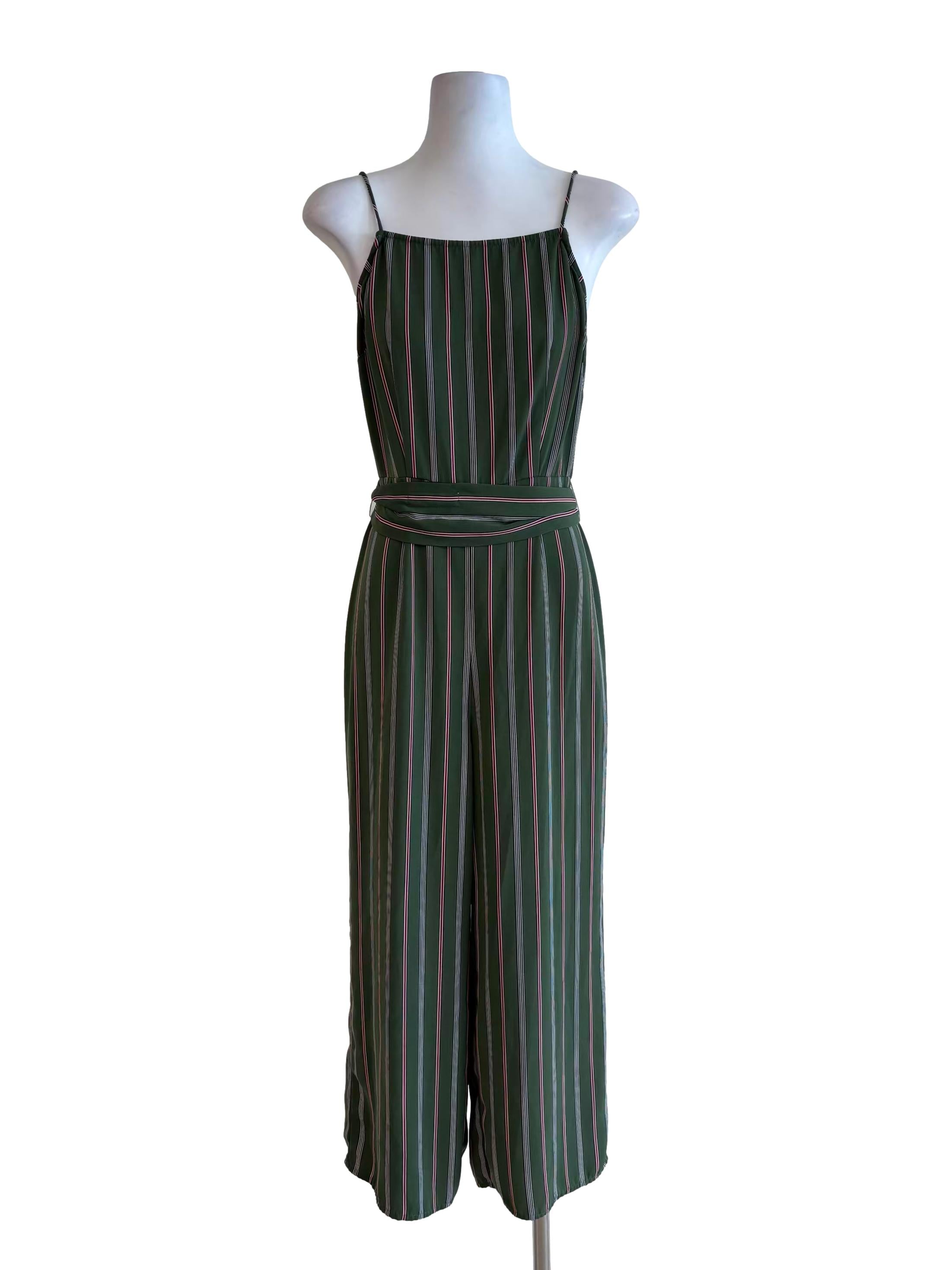 Avocado Green Red Stripe Apron Neck Jumpsuit