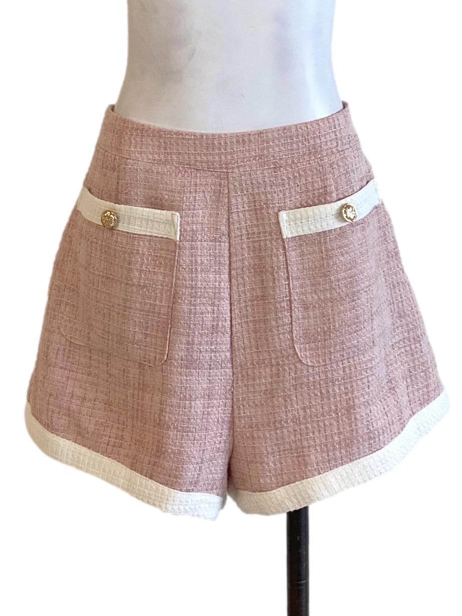 Crepe Pink Boucle White Lined Tweed Shorts