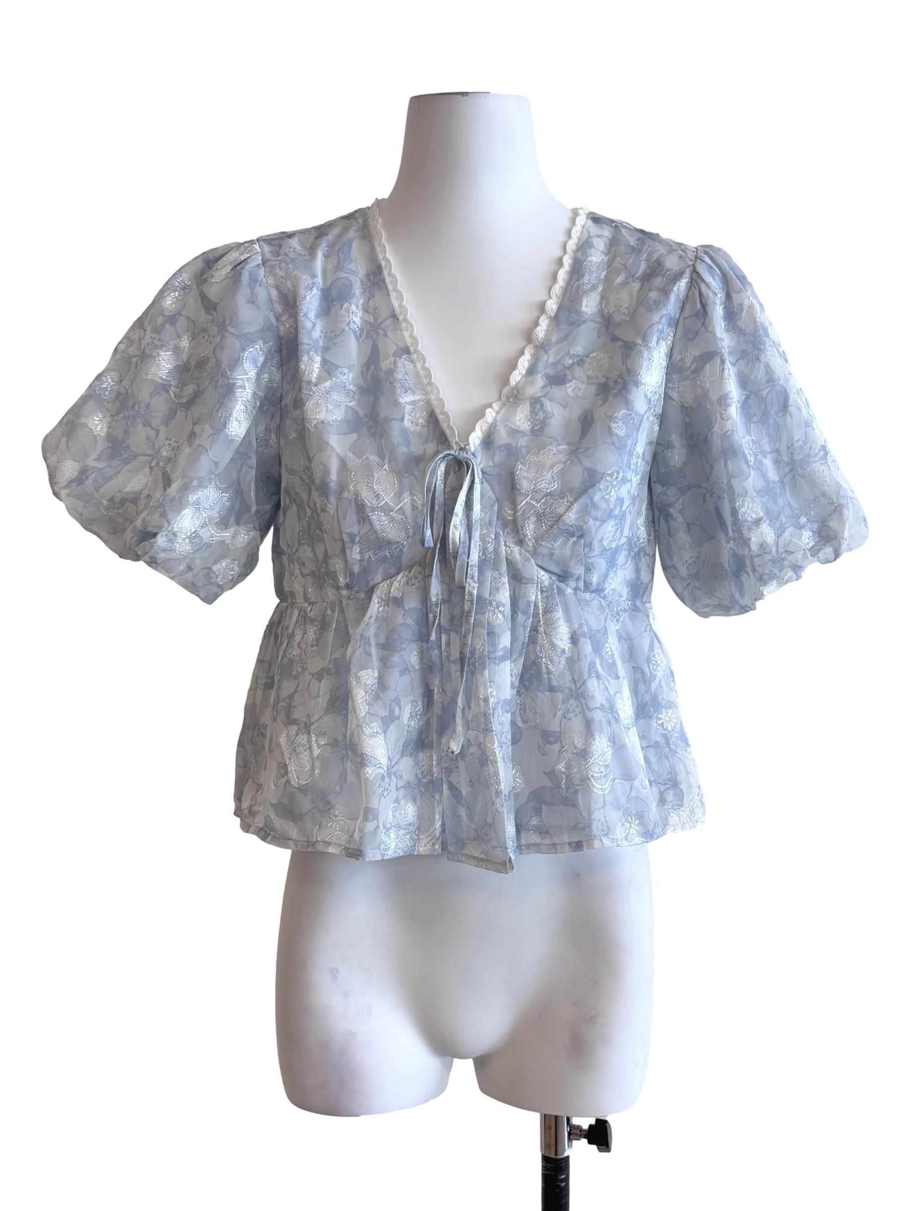 Light Blue Floral Ariette Puffy Sleeve Babydoll Top TTR