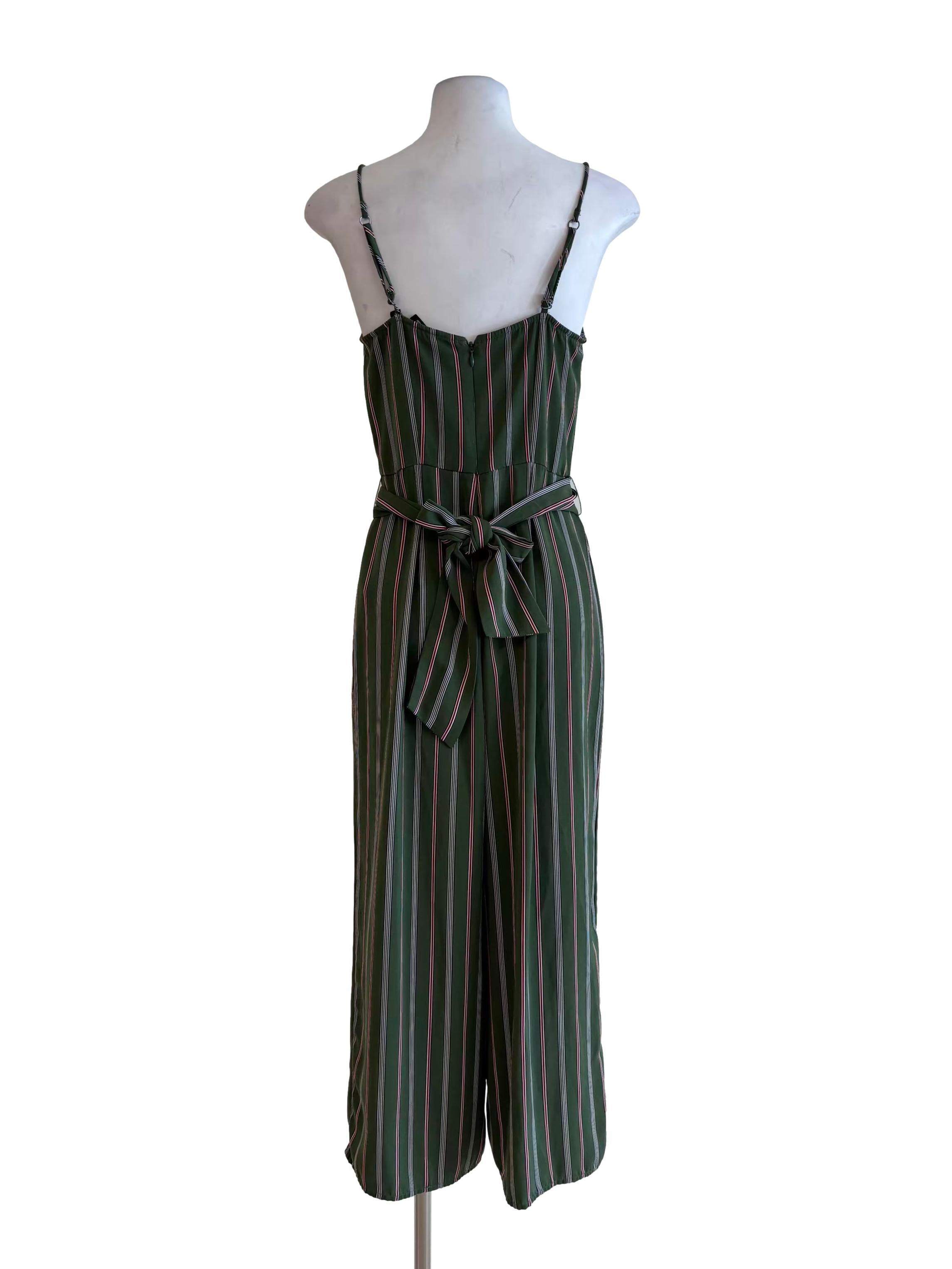 Avocado Green Red Stripe Apron Neck Jumpsuit