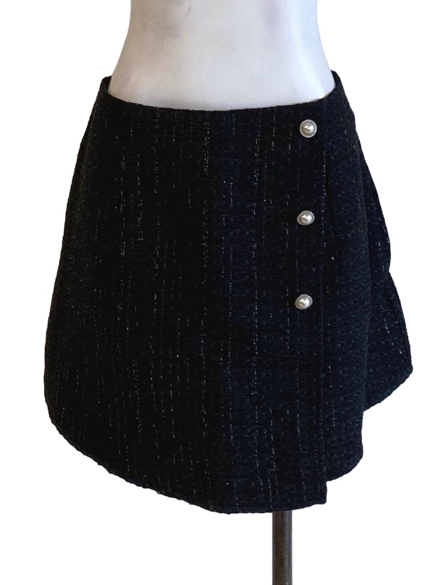 Ebony Black Boucle Buttoned Down Mini Tweed A-Line Skirt