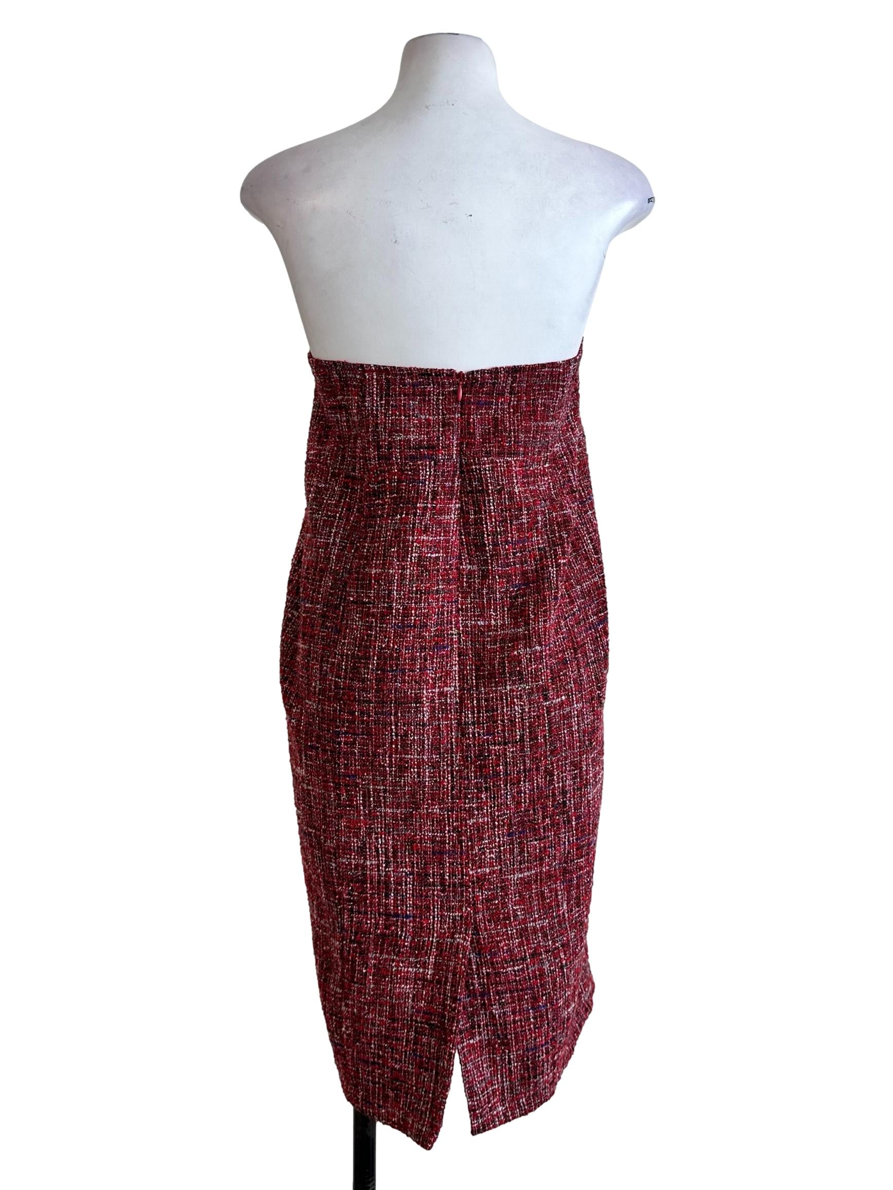 Red Tweed Pattern Strapless Dress