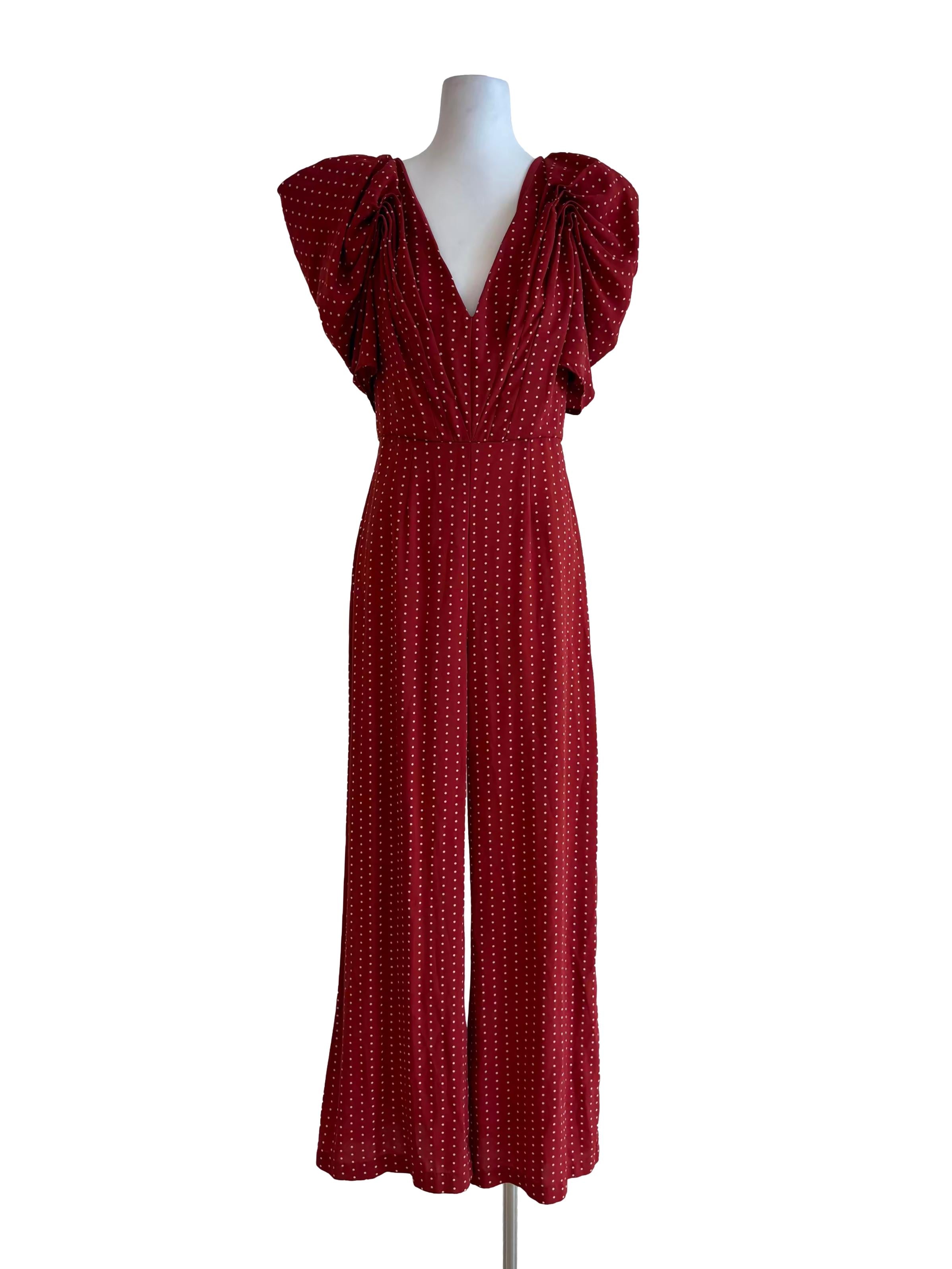 Crimson Red Polka Dot Ruffle Shoulder Jumpsuit