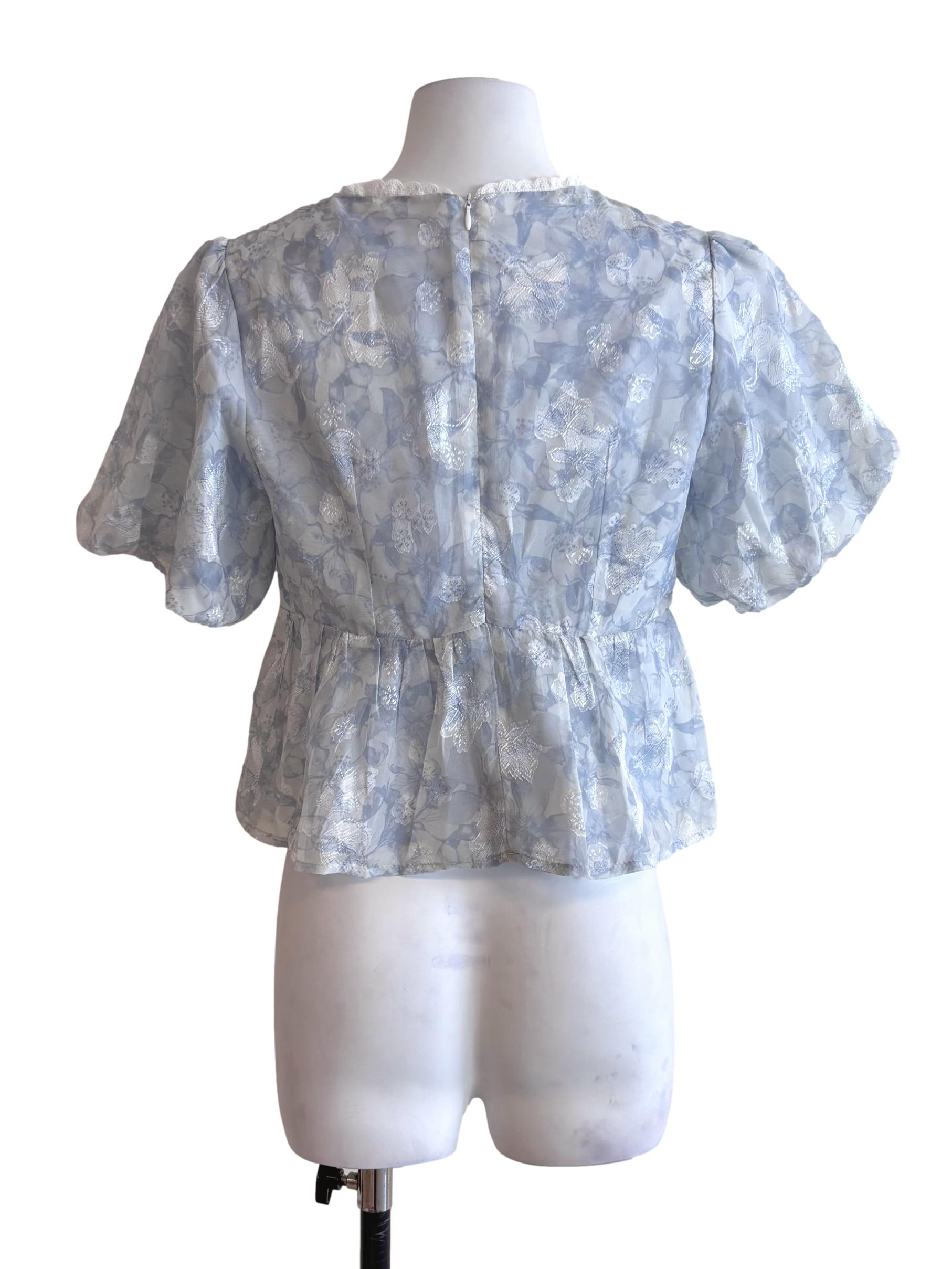 Light Blue Floral Ariette Puffy Sleeve Babydoll Top TTR