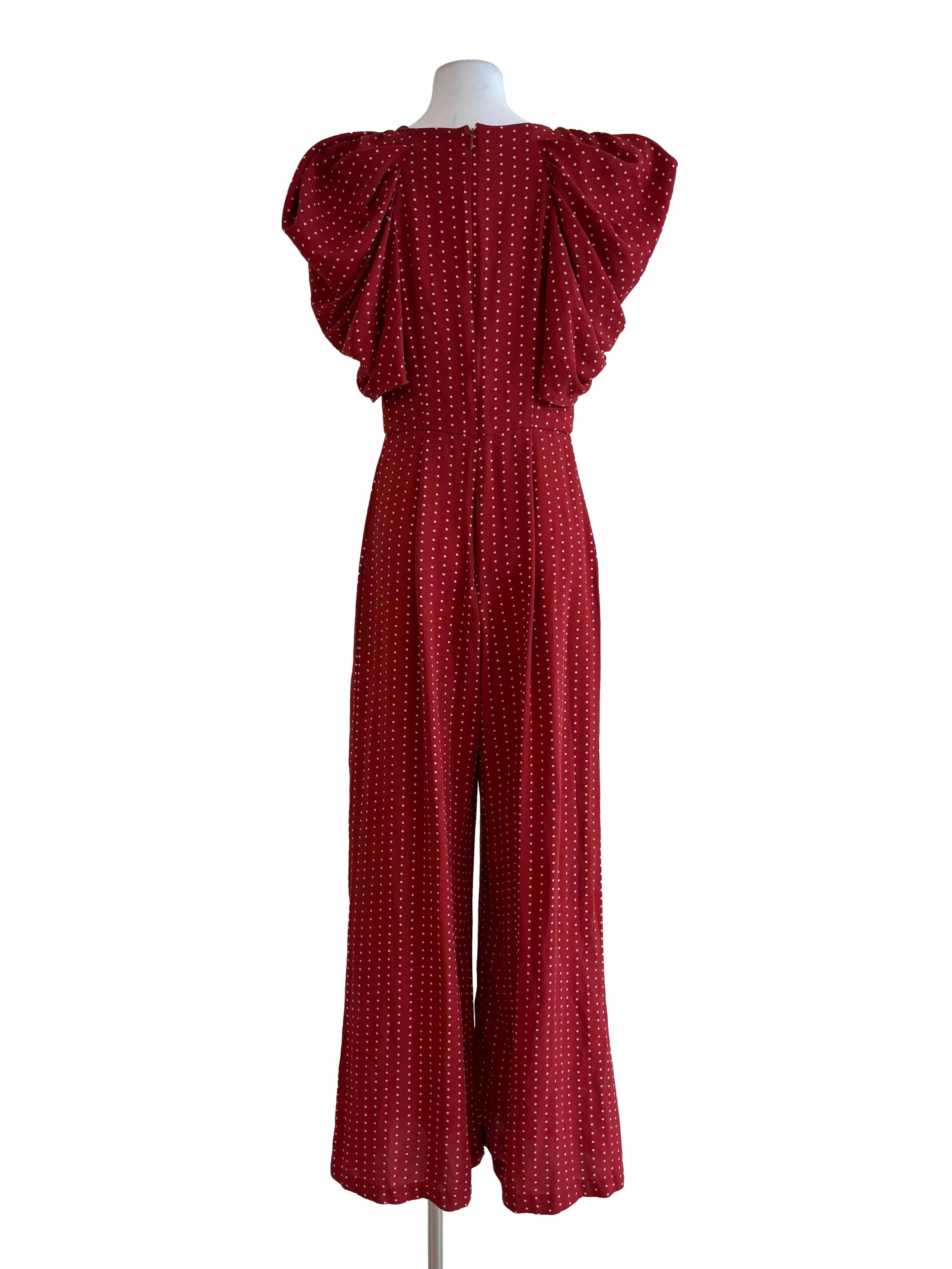 Crimson Red Polka Dot Ruffle Shoulder Jumpsuit