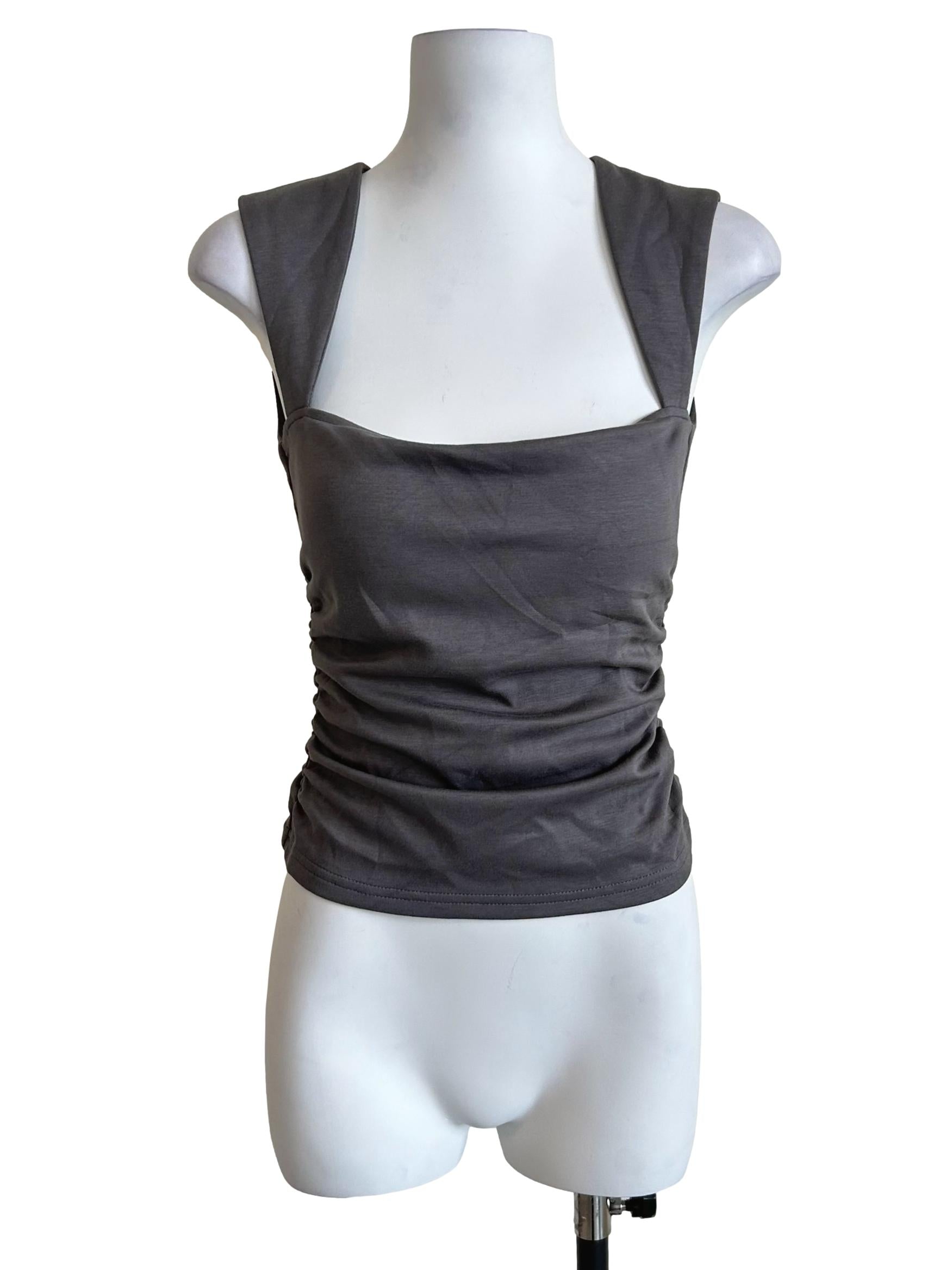 Charcoal Grey Square Neck Ruched Tank Top